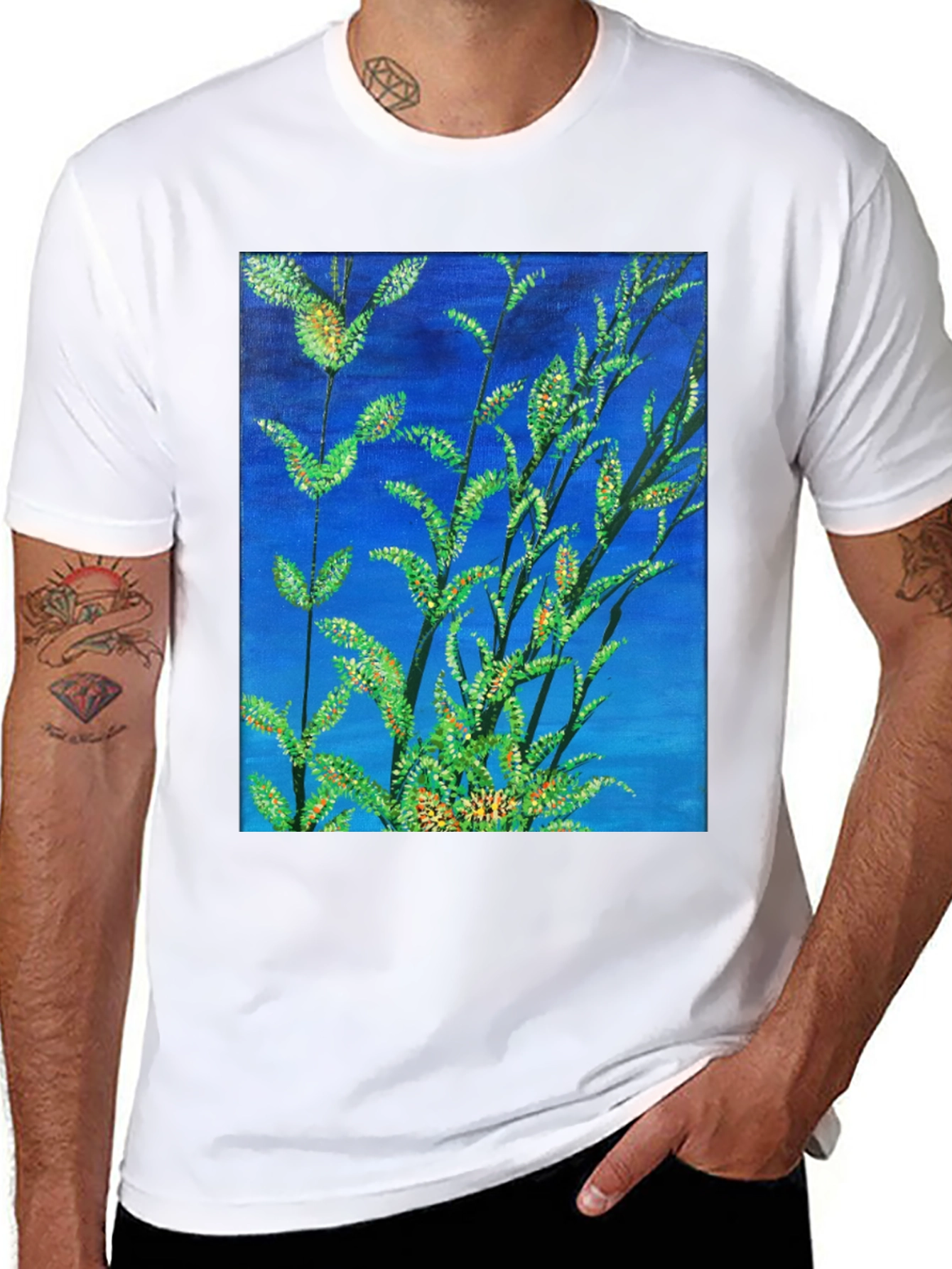 Black Botanical Blue T-Shirt - Vivid Nature Art Tee view 8