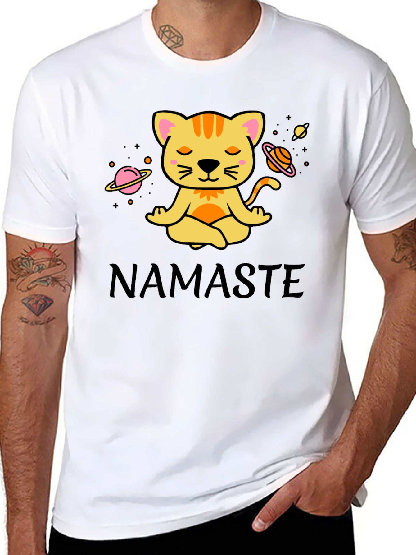 Black Namaste Cat Space Meditation T-Shirt view 8