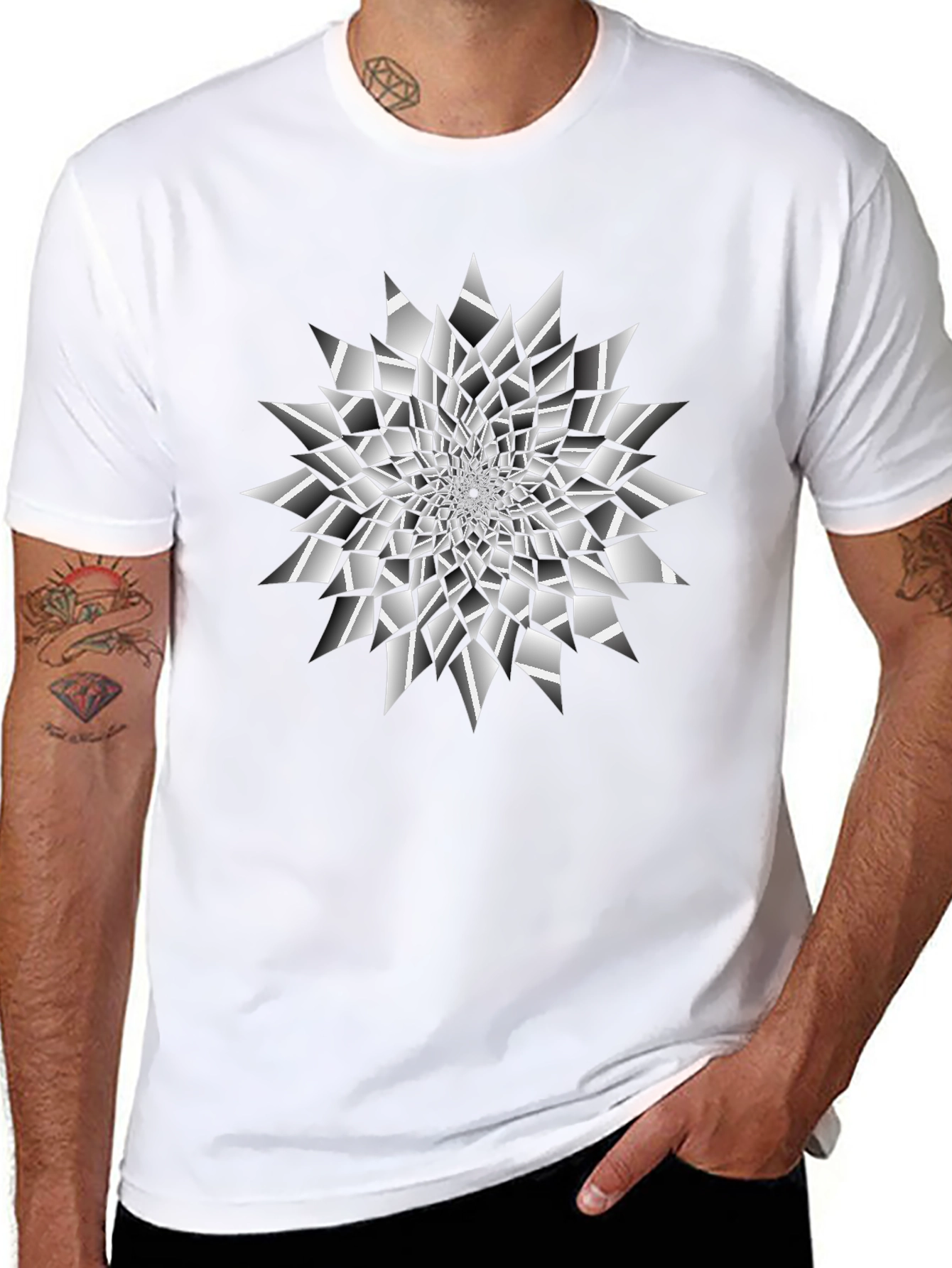 Black Abstract Geometric Illusion Print Black T-Shirt view 8