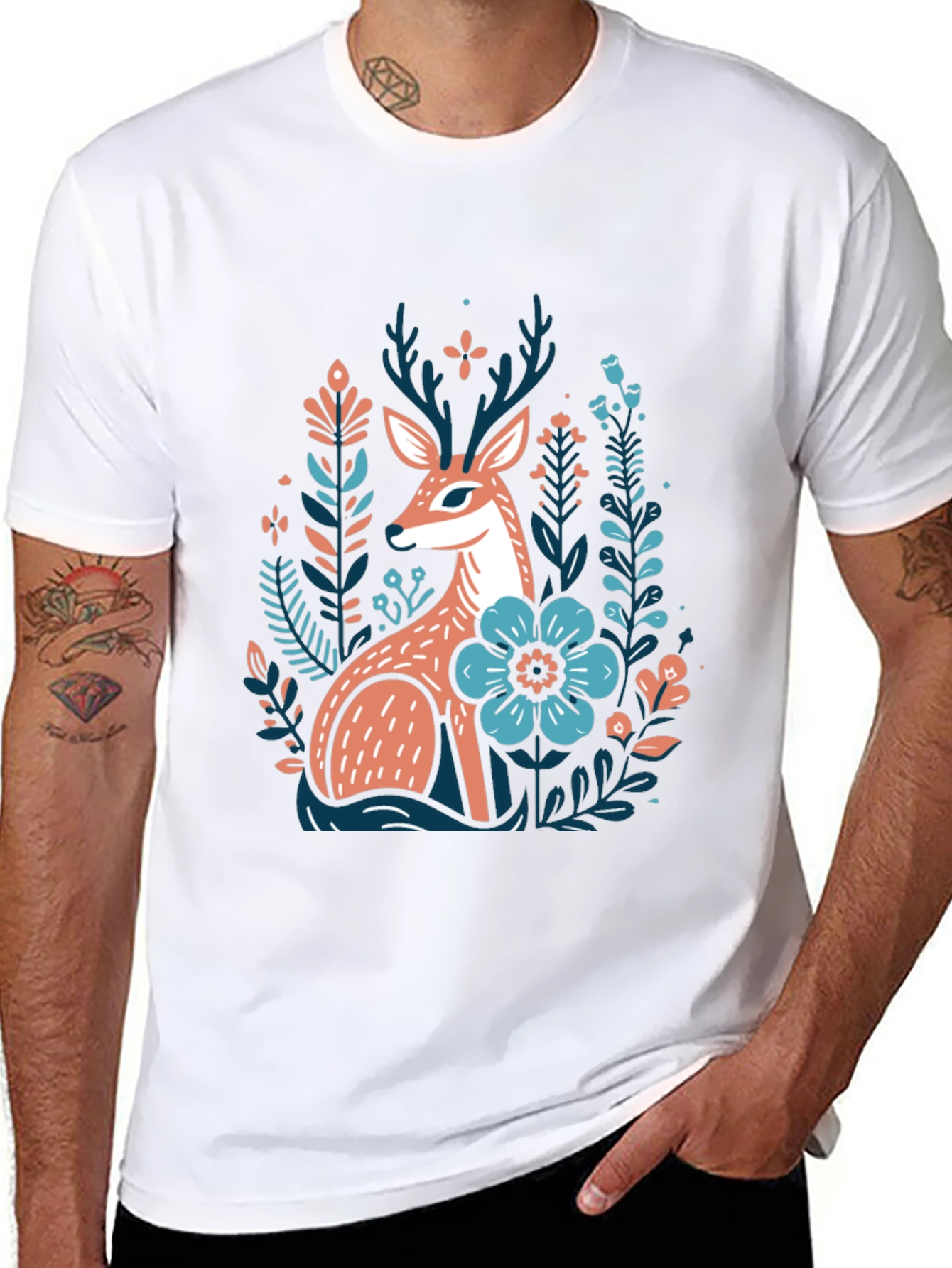 Black Deer & Floral Graphic Tee - Nature Inspired Black T-Shirt view 8
