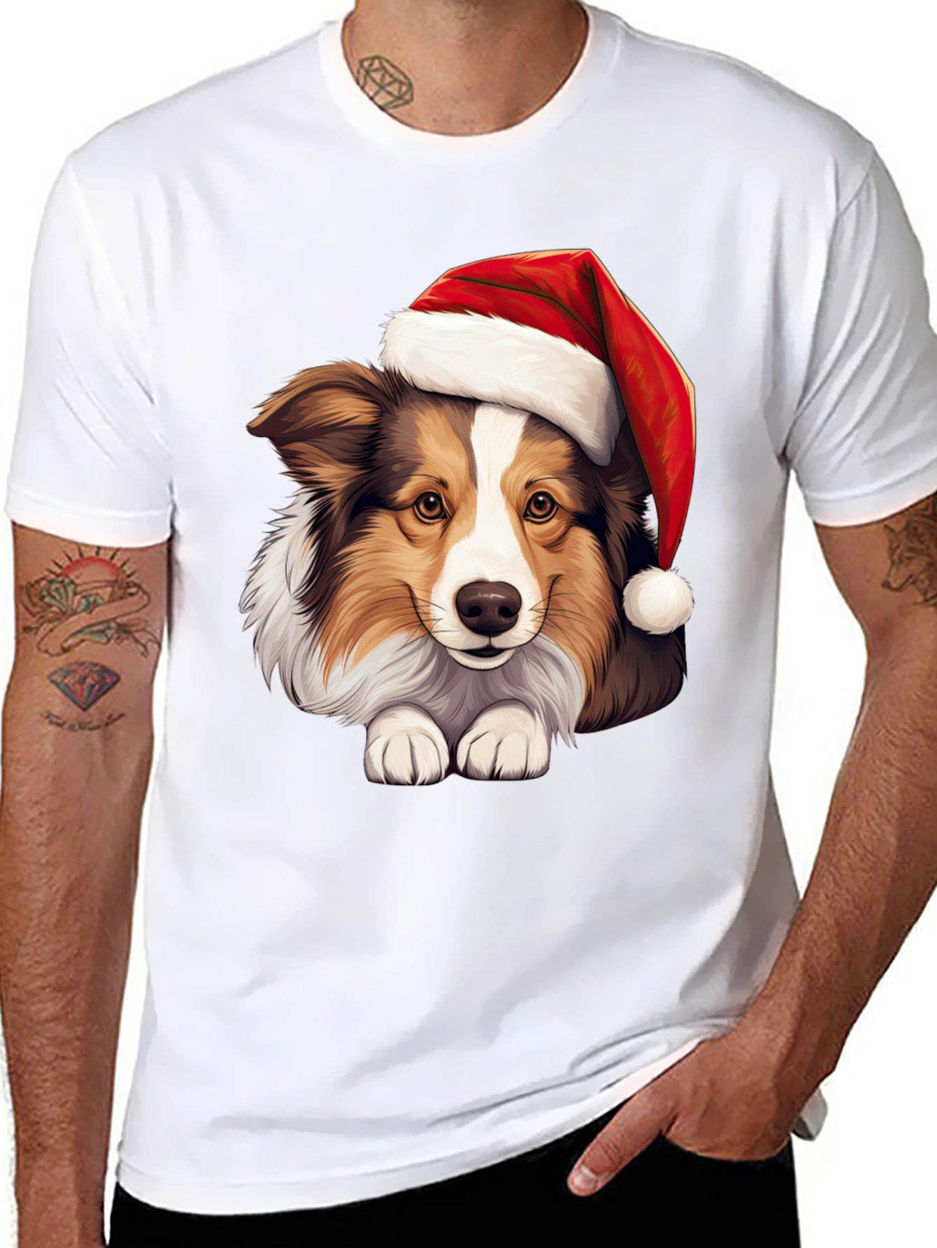 Black Festive Dog T-Shirt: Holiday Collie in Santa Hat view 8