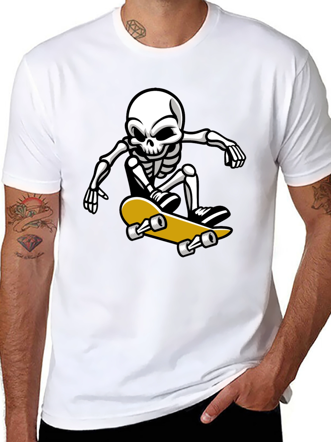 Black Cool Skeleton Skateboarder Graphic T-Shirt view 8