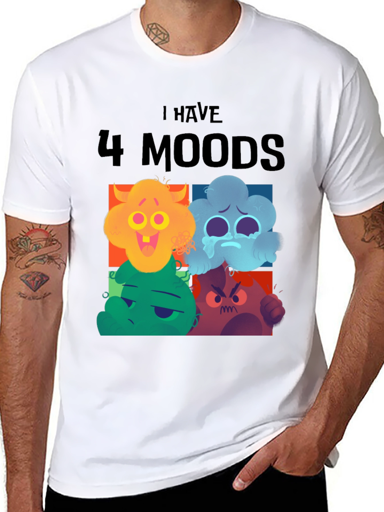 Black 4 Moods T-Shirt, Funny Faces, Black Tee, Casual Wear view 8