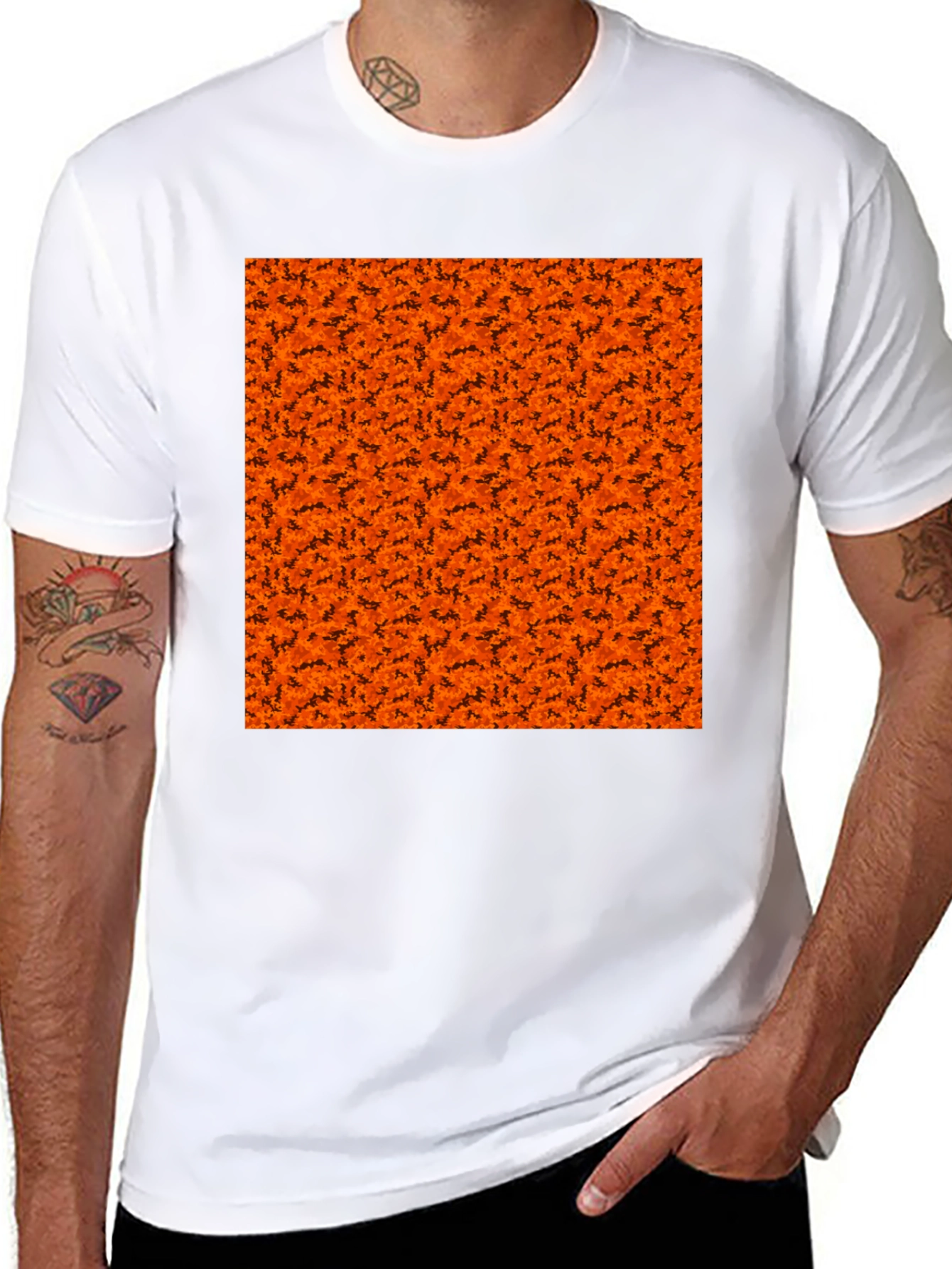 Black Halloween Orange Bats Pattern Black T-Shirt view 8