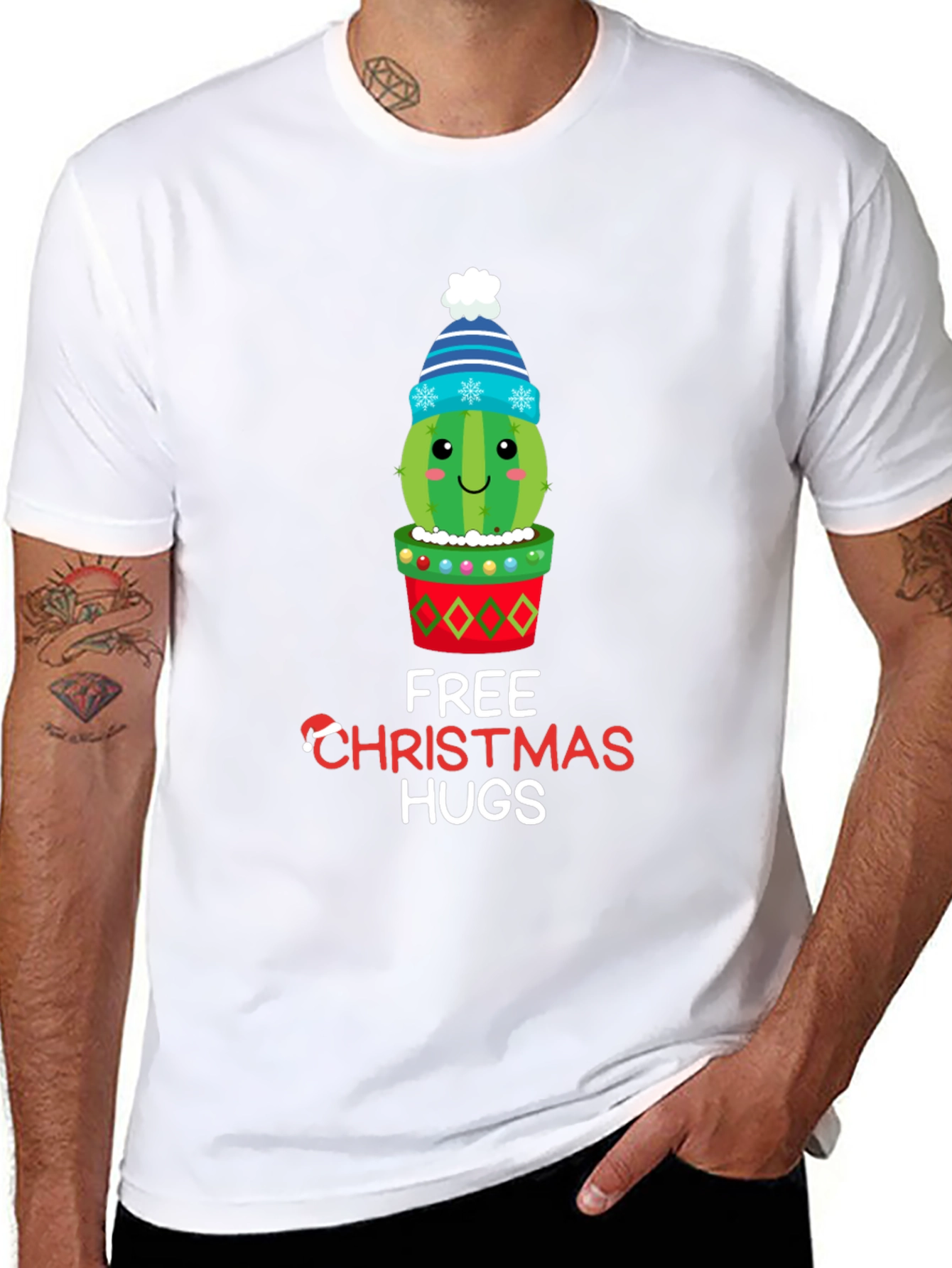 Black Festive Cactus Christmas Hugs T-Shirt view 8