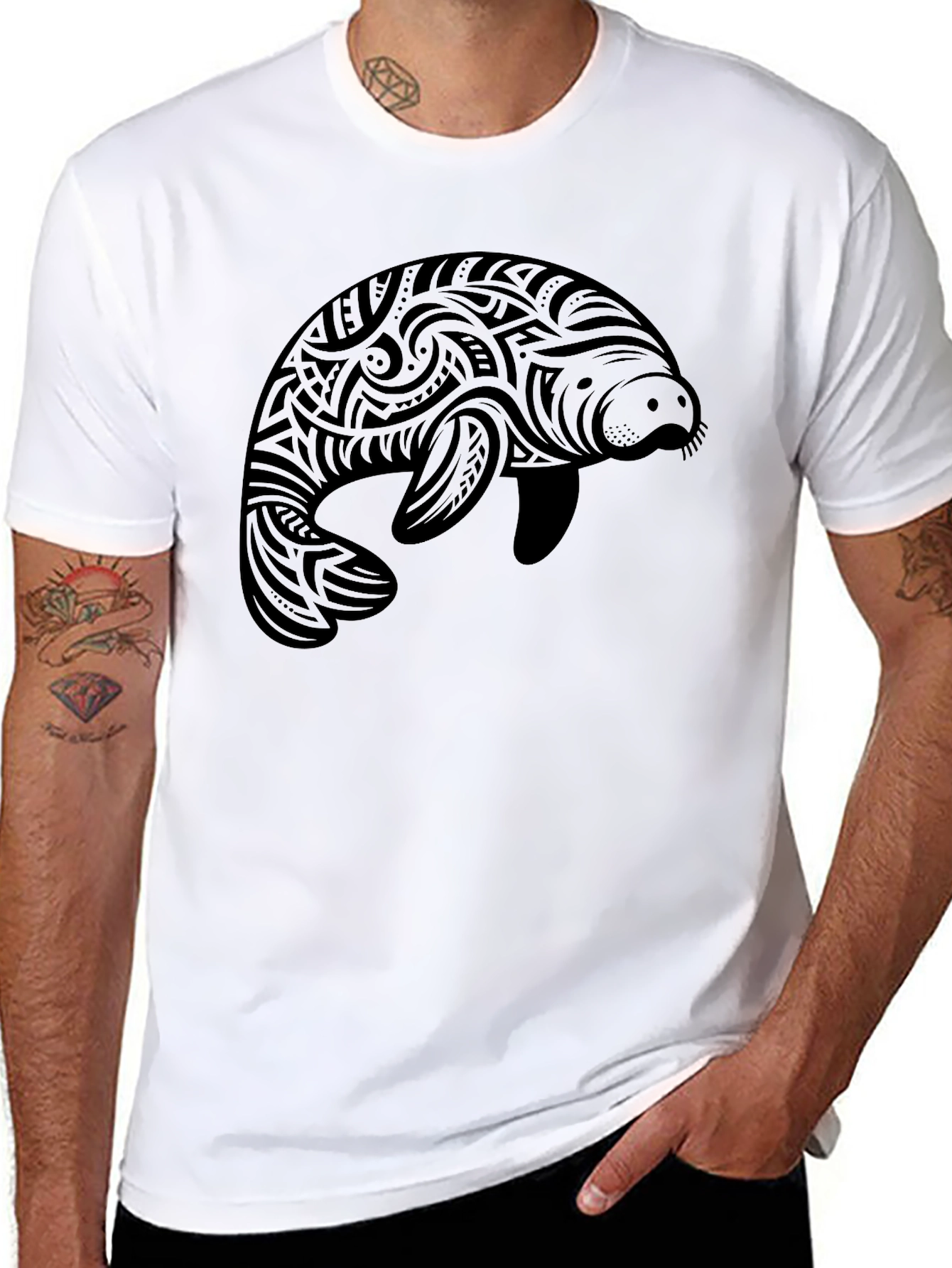 Black Tribal Manatee Graphic T-Shirt - Black view 8