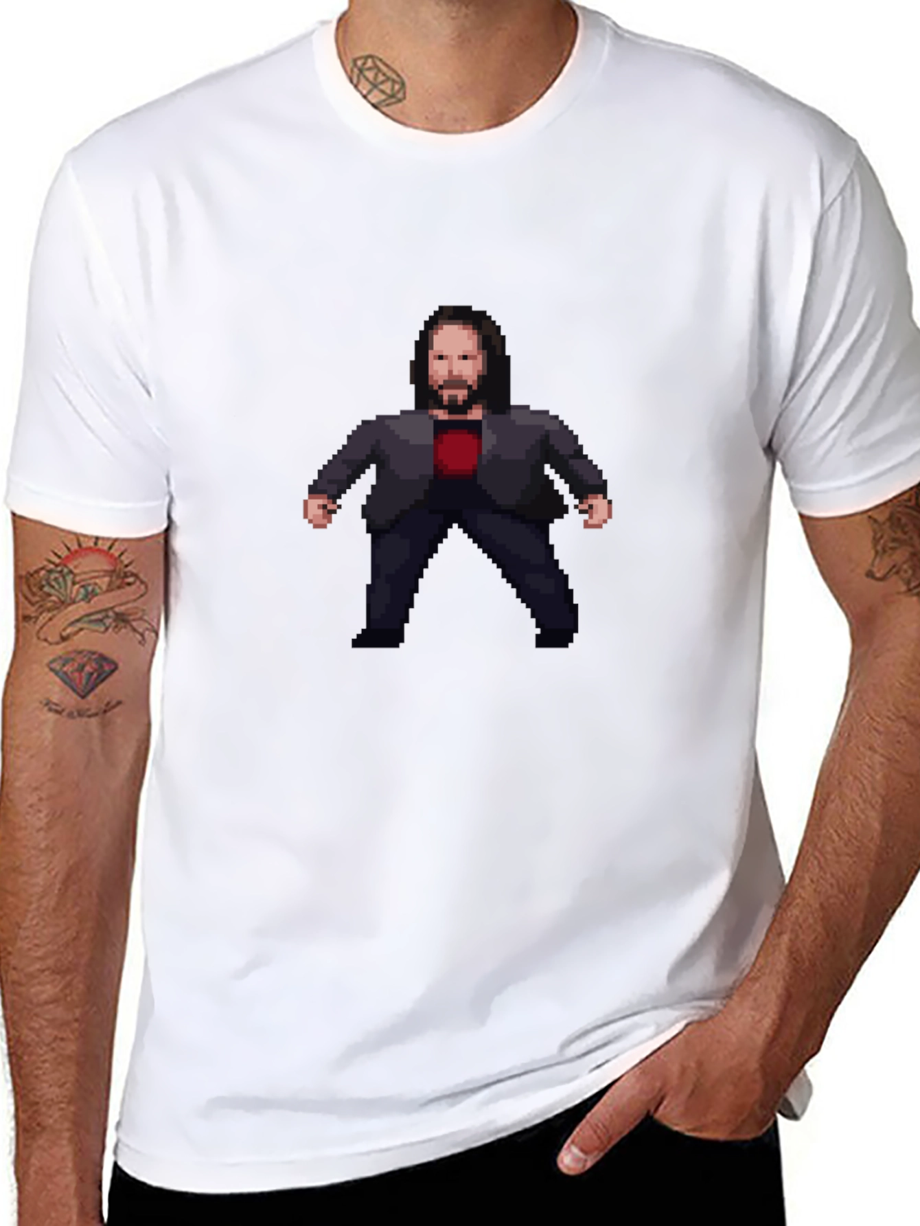 Black Pixel Art John Wick Inspired Black T-Shirt view 8
