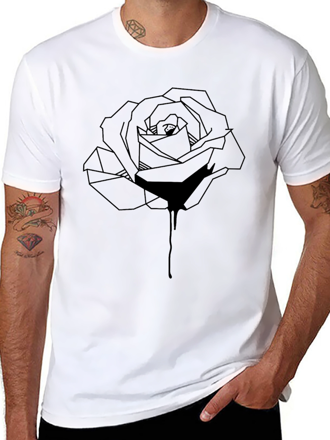 Black Geometric Rose Graphic Tee - Stylish Men's Black T-Shirt view 8