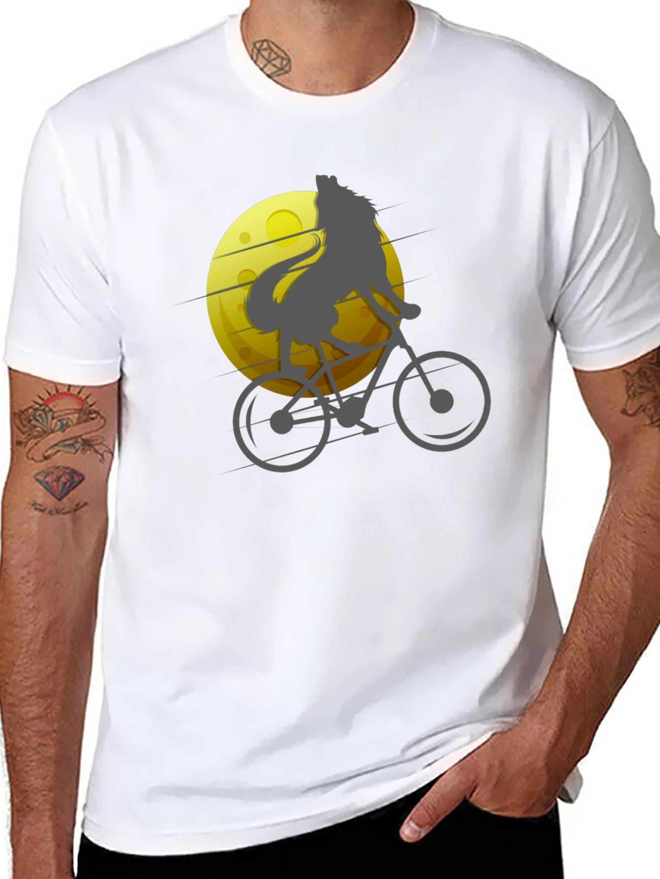 Black Wolf Riding Bike T-Shirt - Moon Graphic Tee view 8