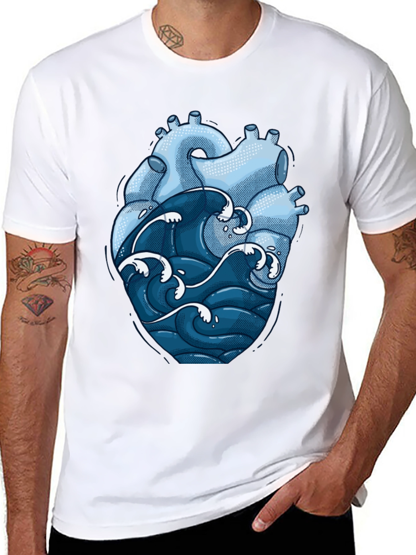Black Anatomical Heart & Ocean Wave Graphic Tee view 8