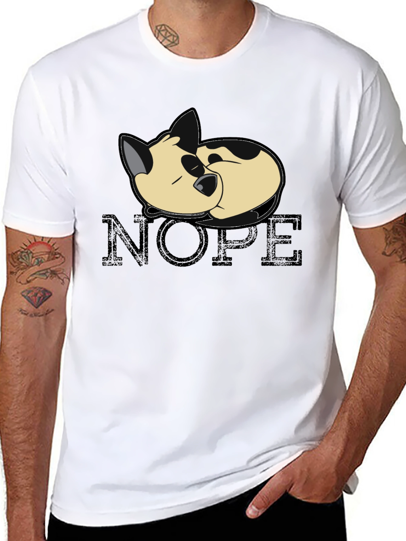 Black Nope Cat Black T-Shirt - Relaxed Sleepy Kitten Tee view 8