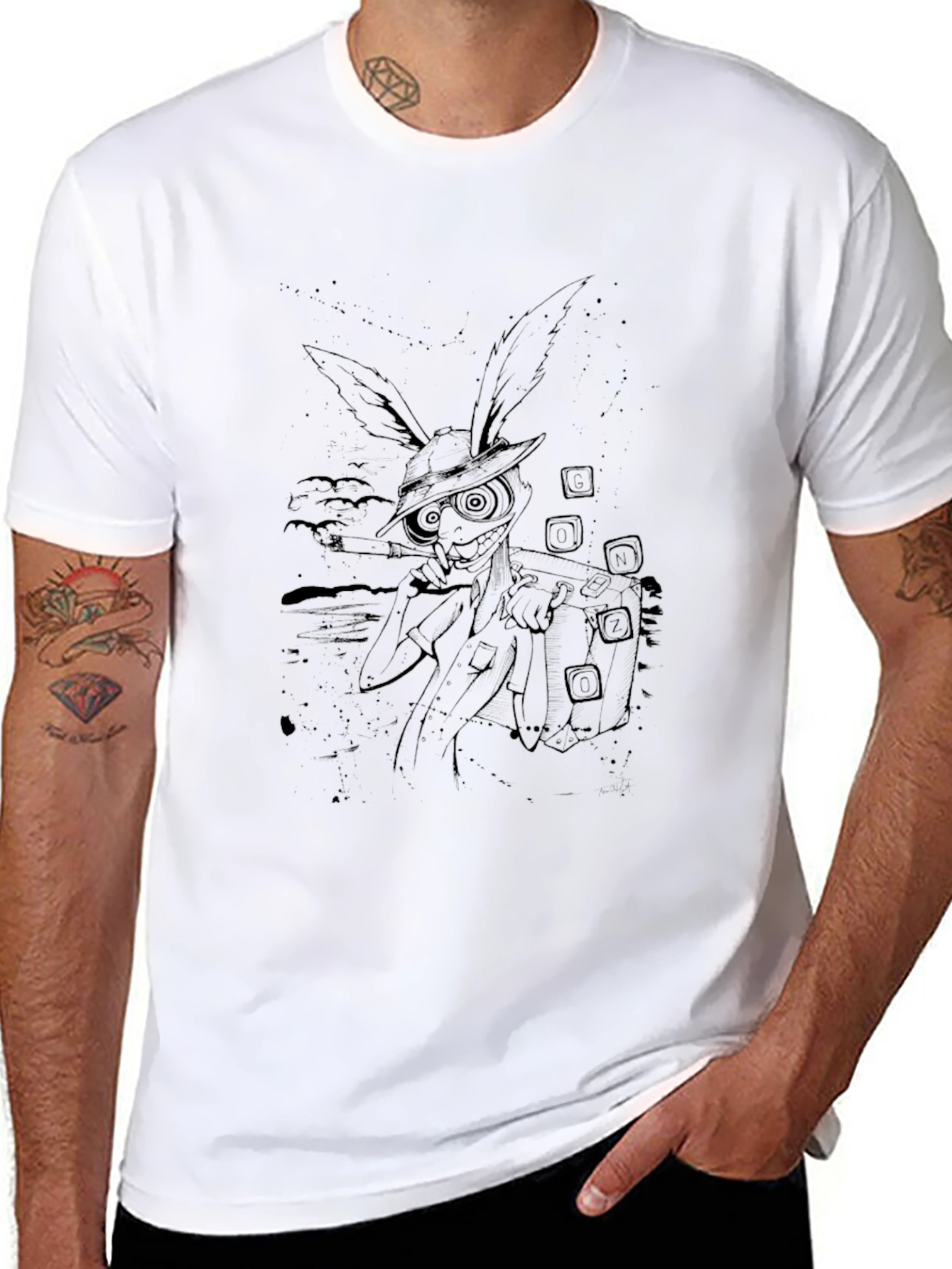 Black Men's Black T-Shirt with Rabbit Graphic view 8