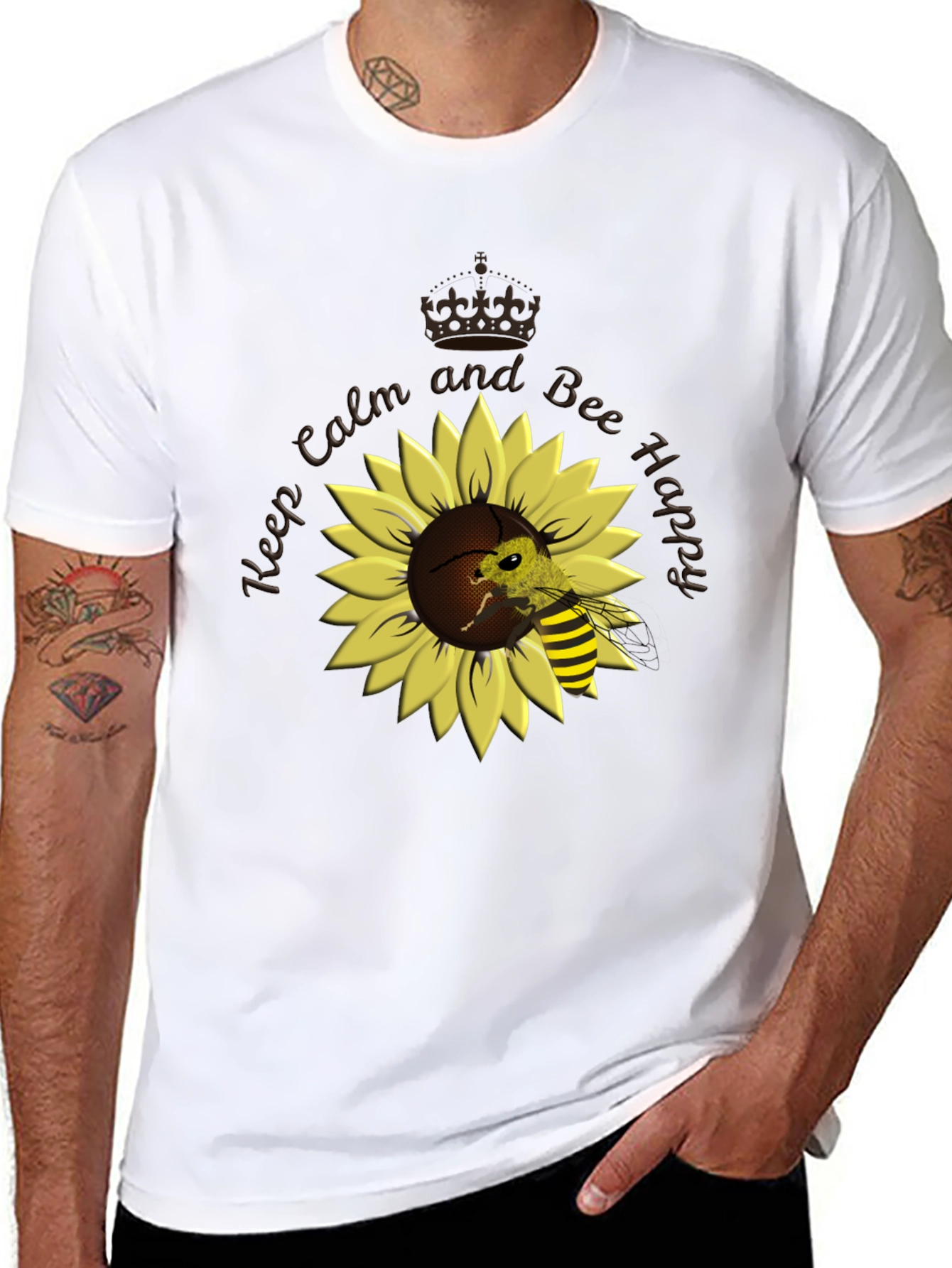 Black Keep Calm and Bee Happy Sunflower T-Shirt view 8