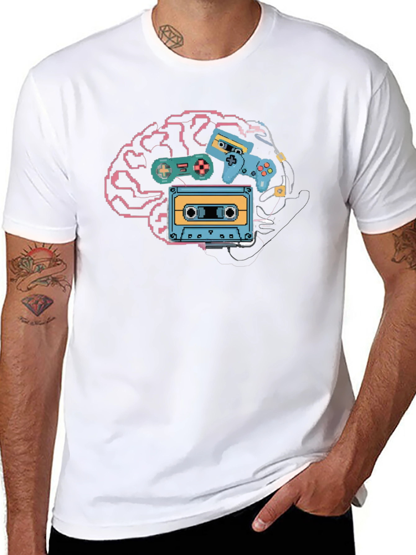 Black Retro Gamer Brain T-Shirt - Pixel Art Style view 8