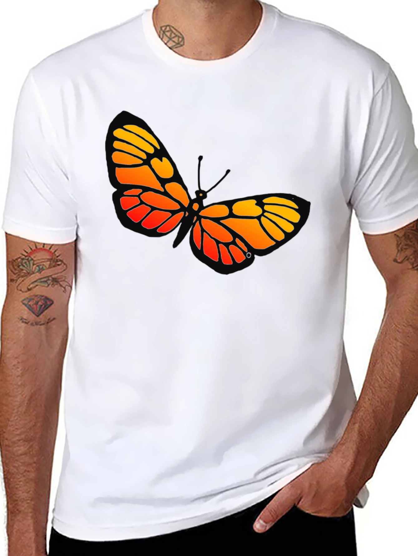 Black Butterfly Graphic Tee - Bold Orange and Yellow Design view 8
