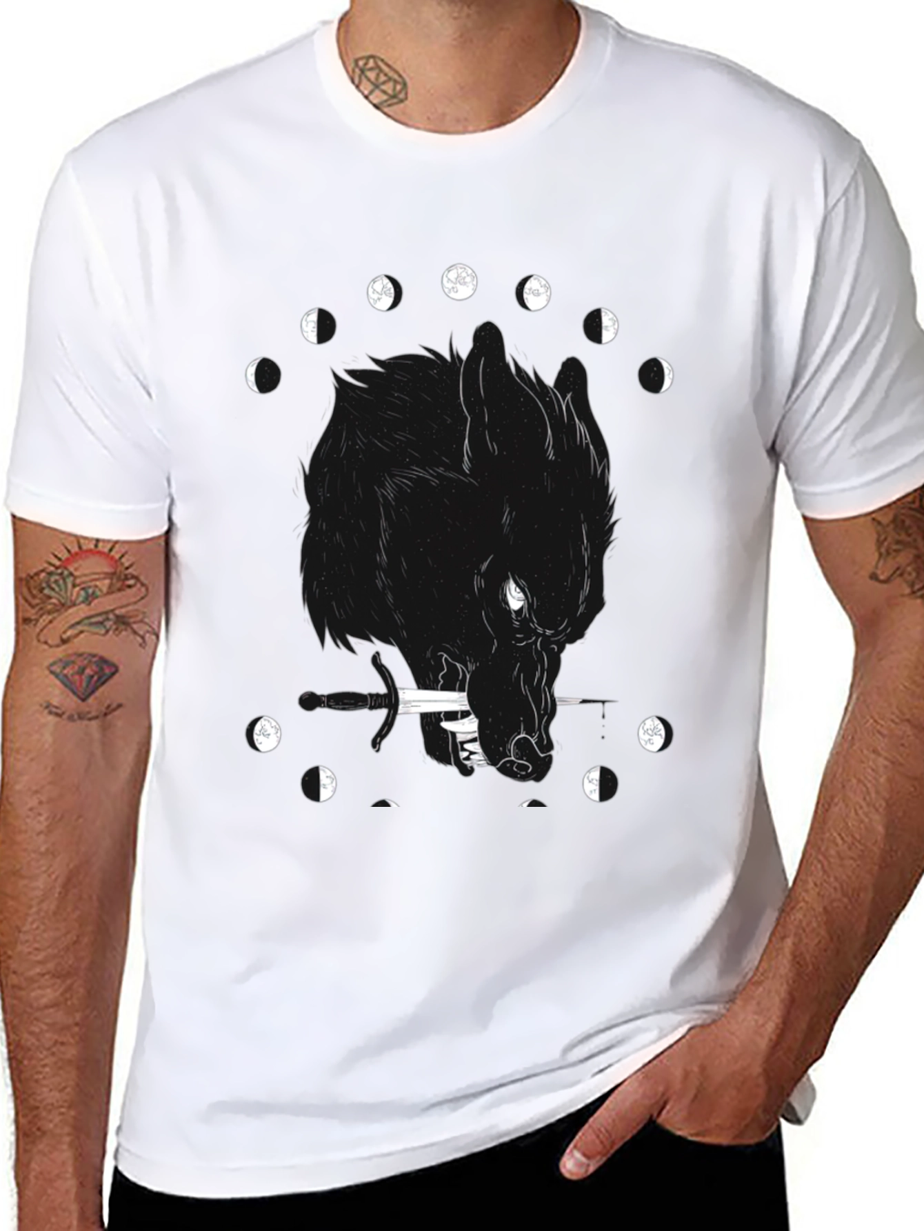 Black Wolf Moon Phases Graphic T-Shirt - Black Cotton Tee view 8