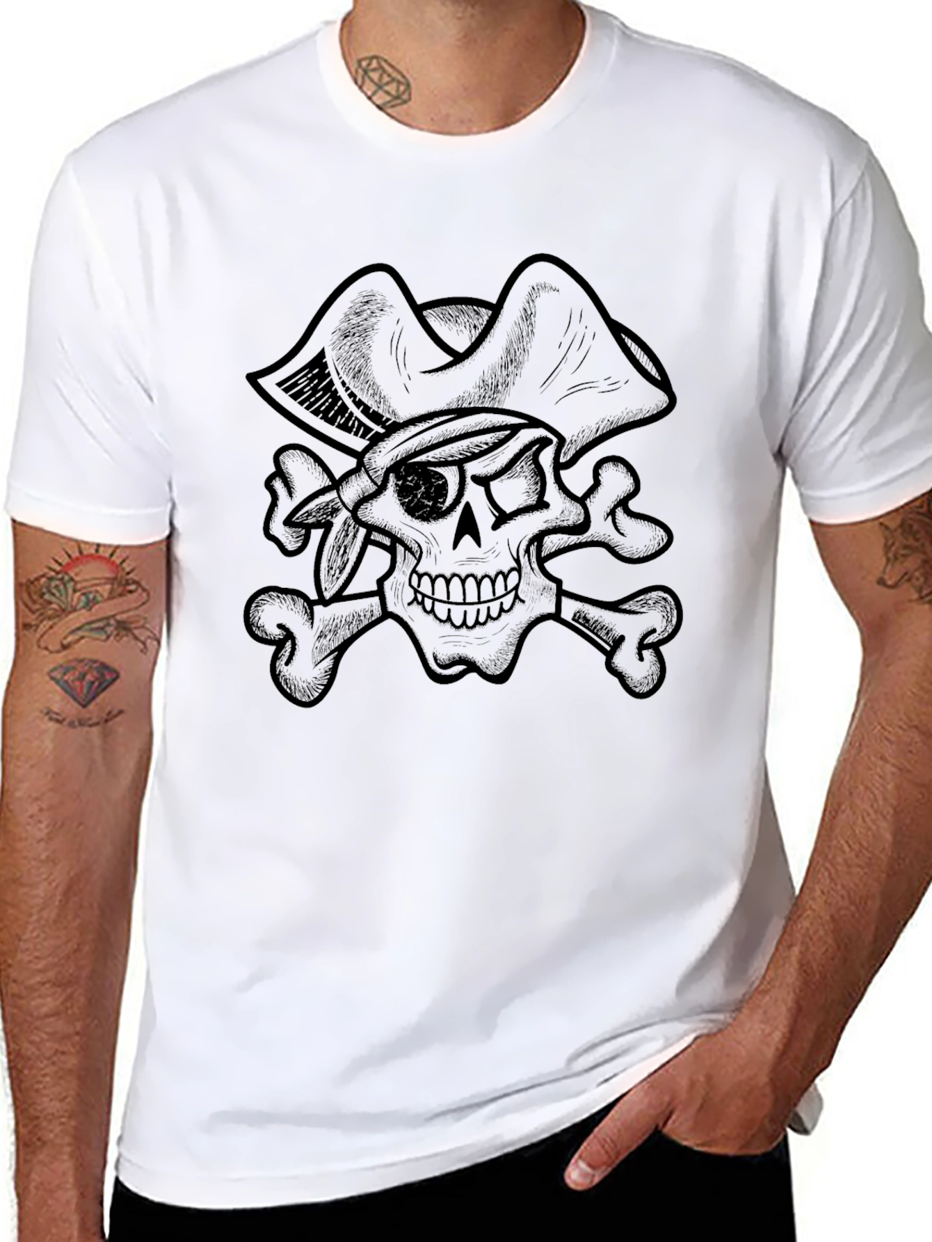 Black Pirate Skull Graphic Tee - Black Cotton T-Shirt view 8