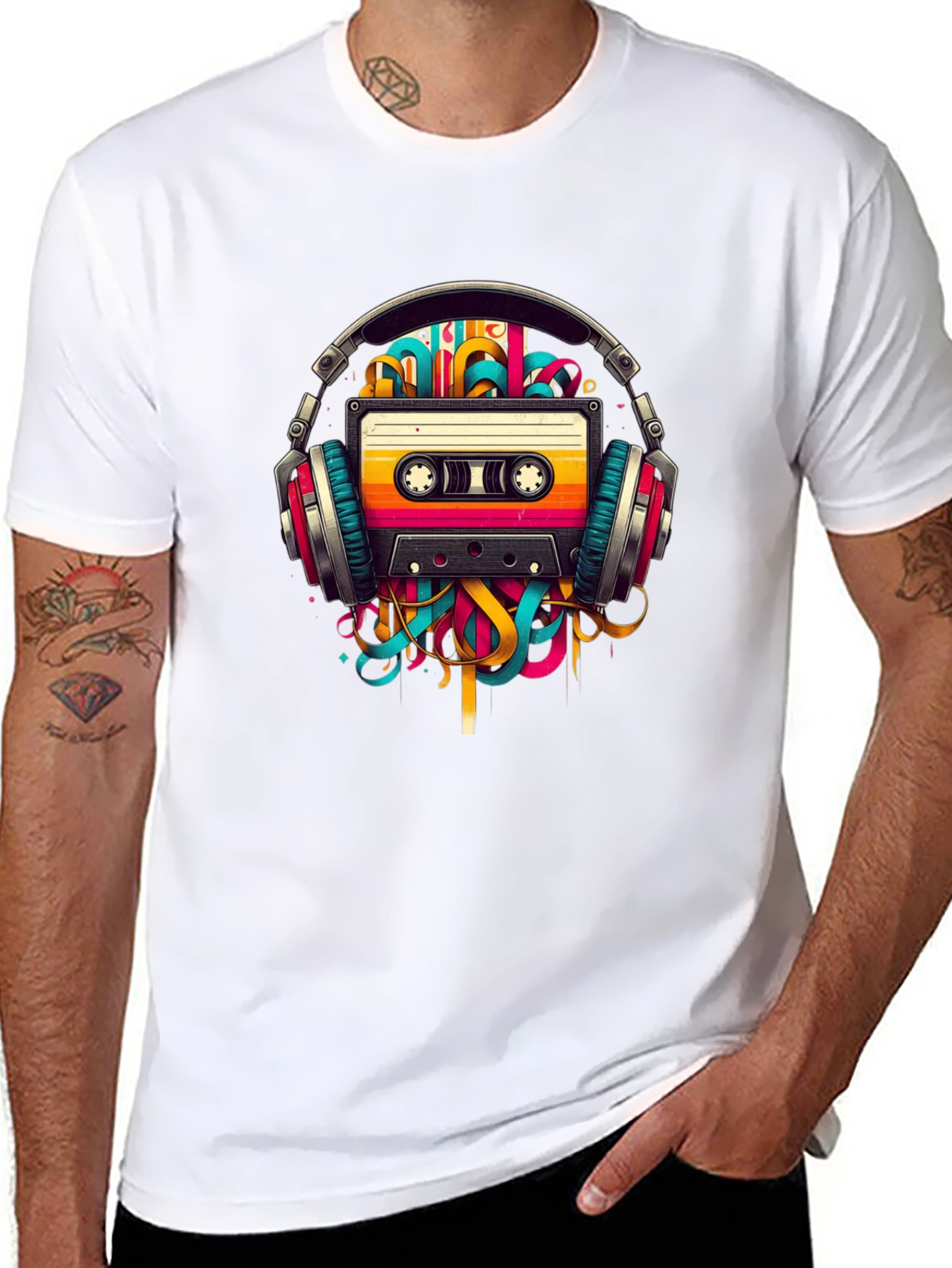 Black Retro Cassette Tape Headphones Graphic T-Shirt view 8