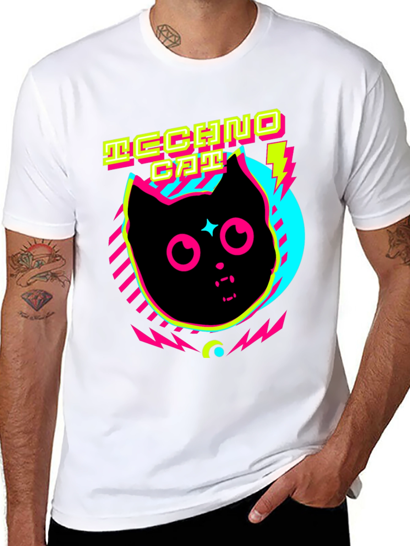 Black Techno Cat T-Shirt Neon Graphic Tee view 8