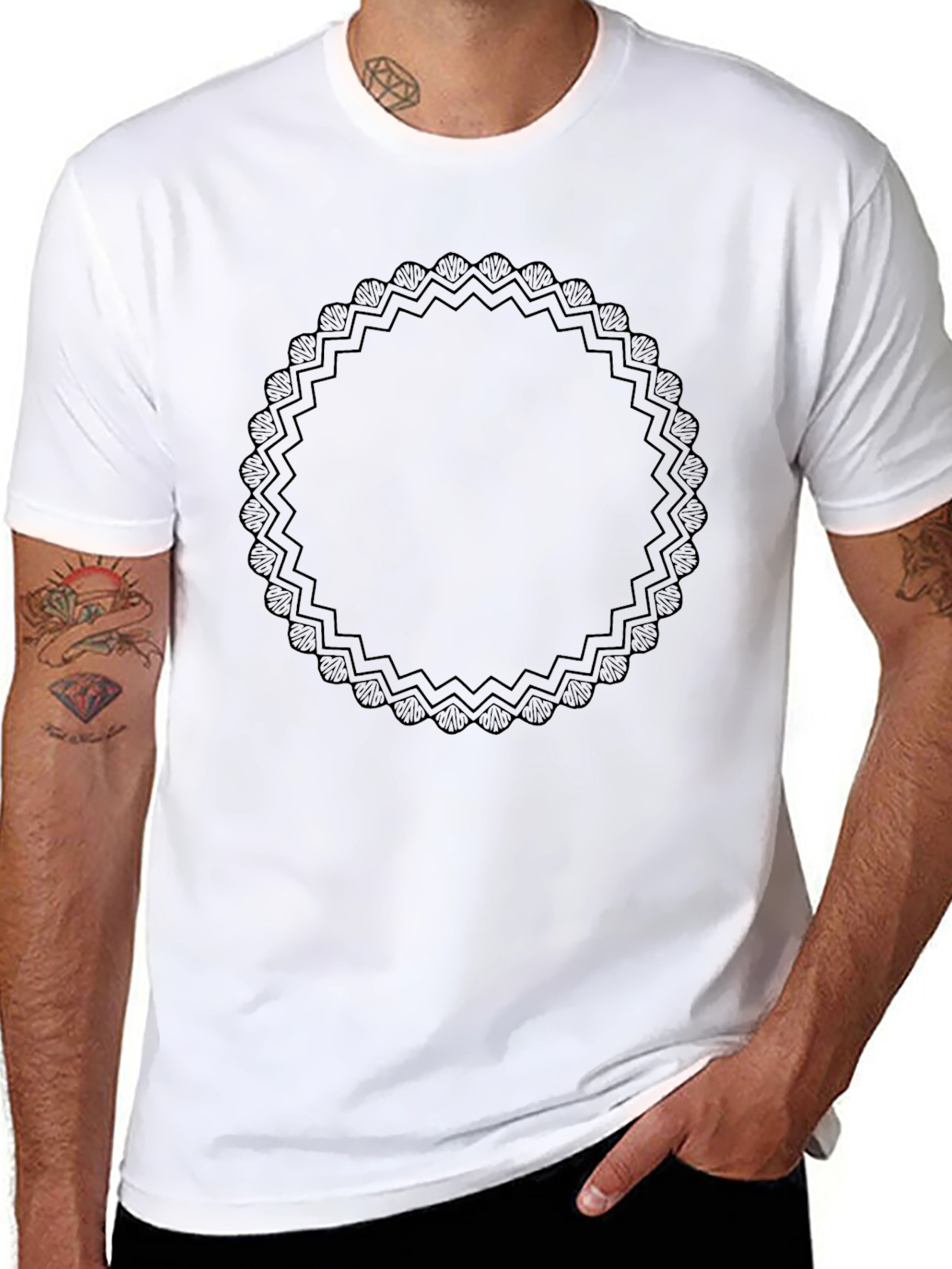 Black Elegant Black Graphic Tee with Ornamental Circle Design view 8
