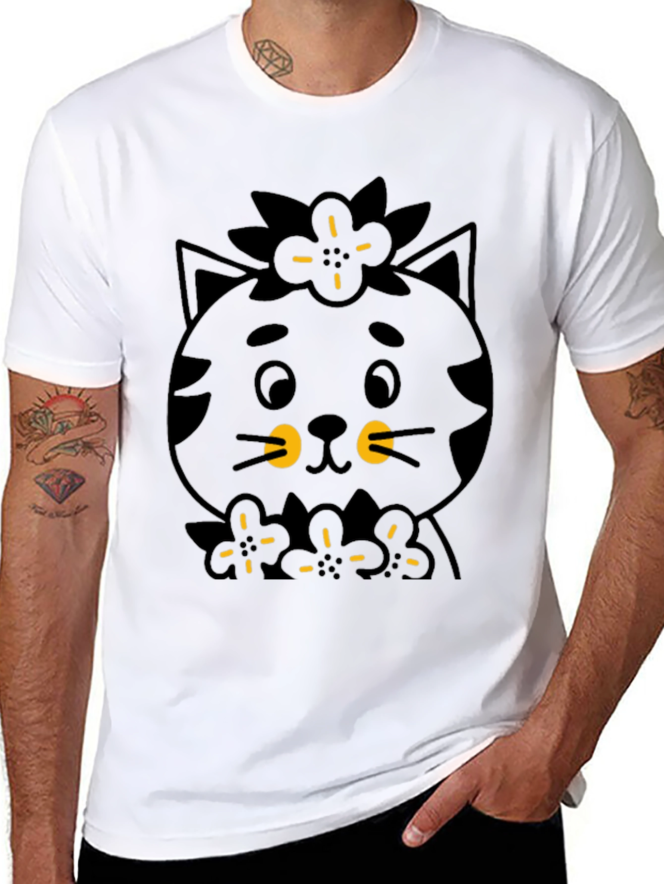 Black Cute Black Cat T-Shirt - Floral Accent view 8