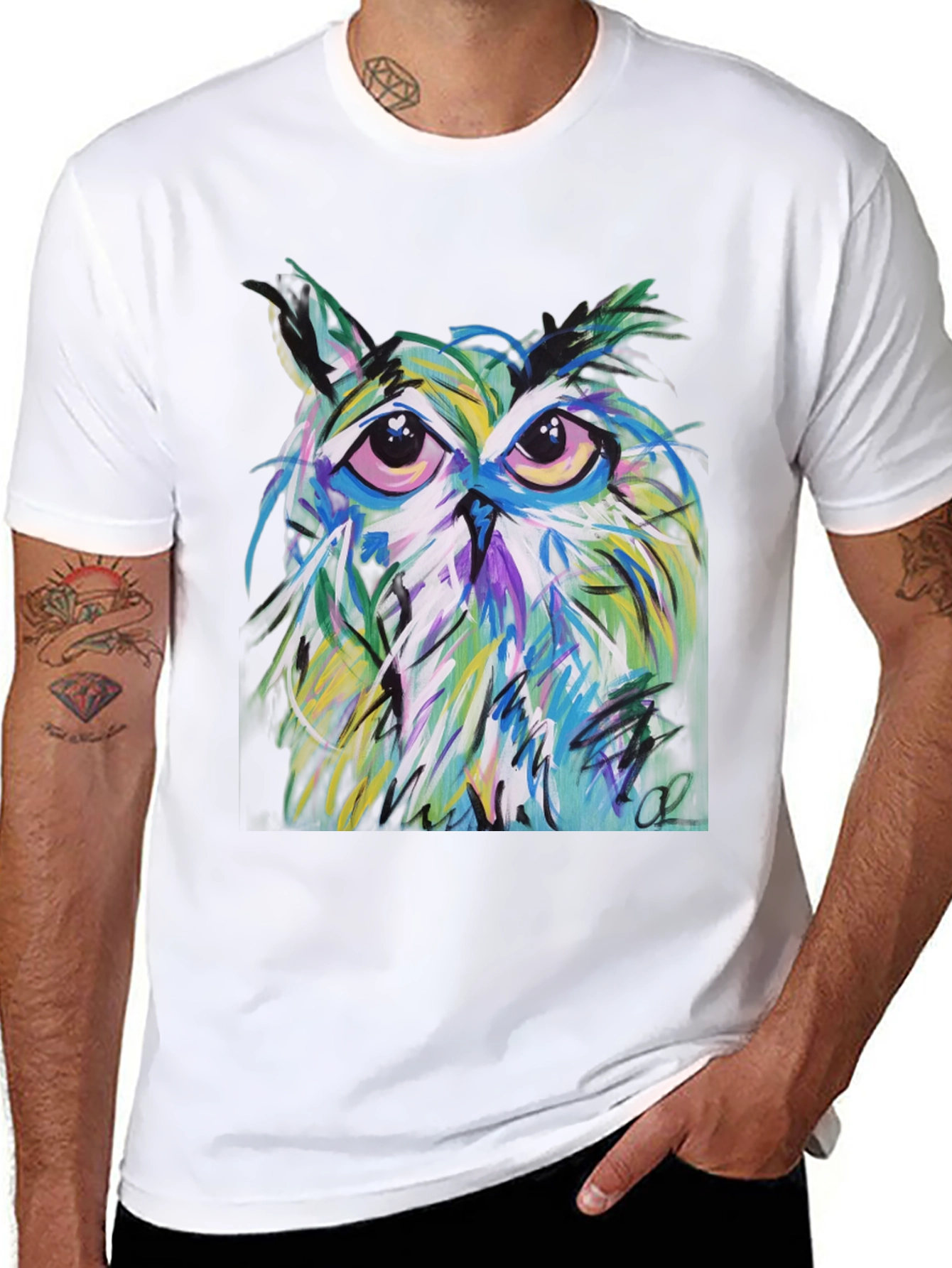 Black Abstract Owl Graphic Tee - Men's Black T-Shirt view 8