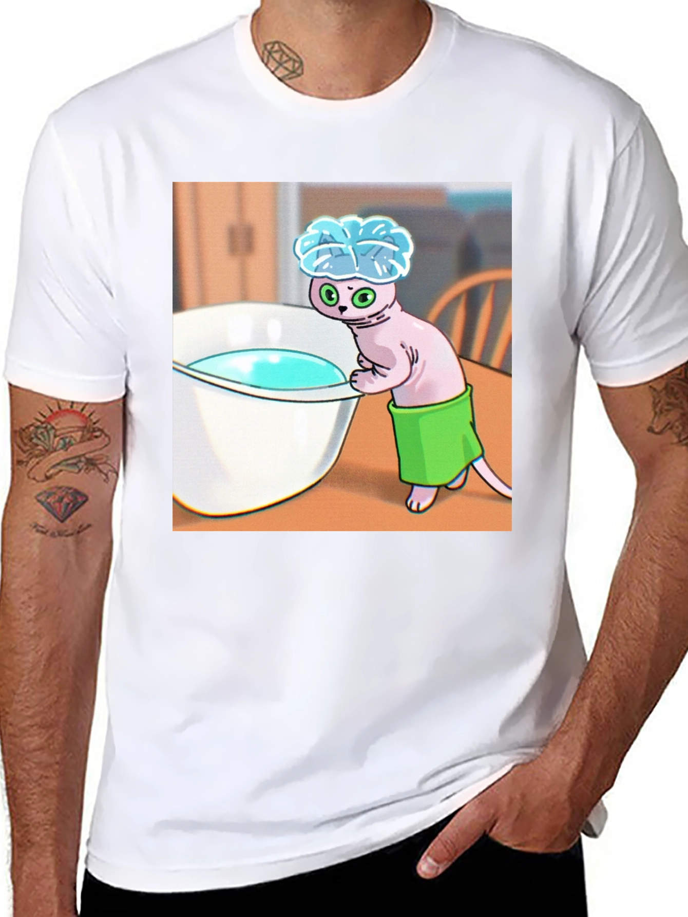 Black Cartoon Cat Bath T-Shirt - Funny Novelty Tee view 8