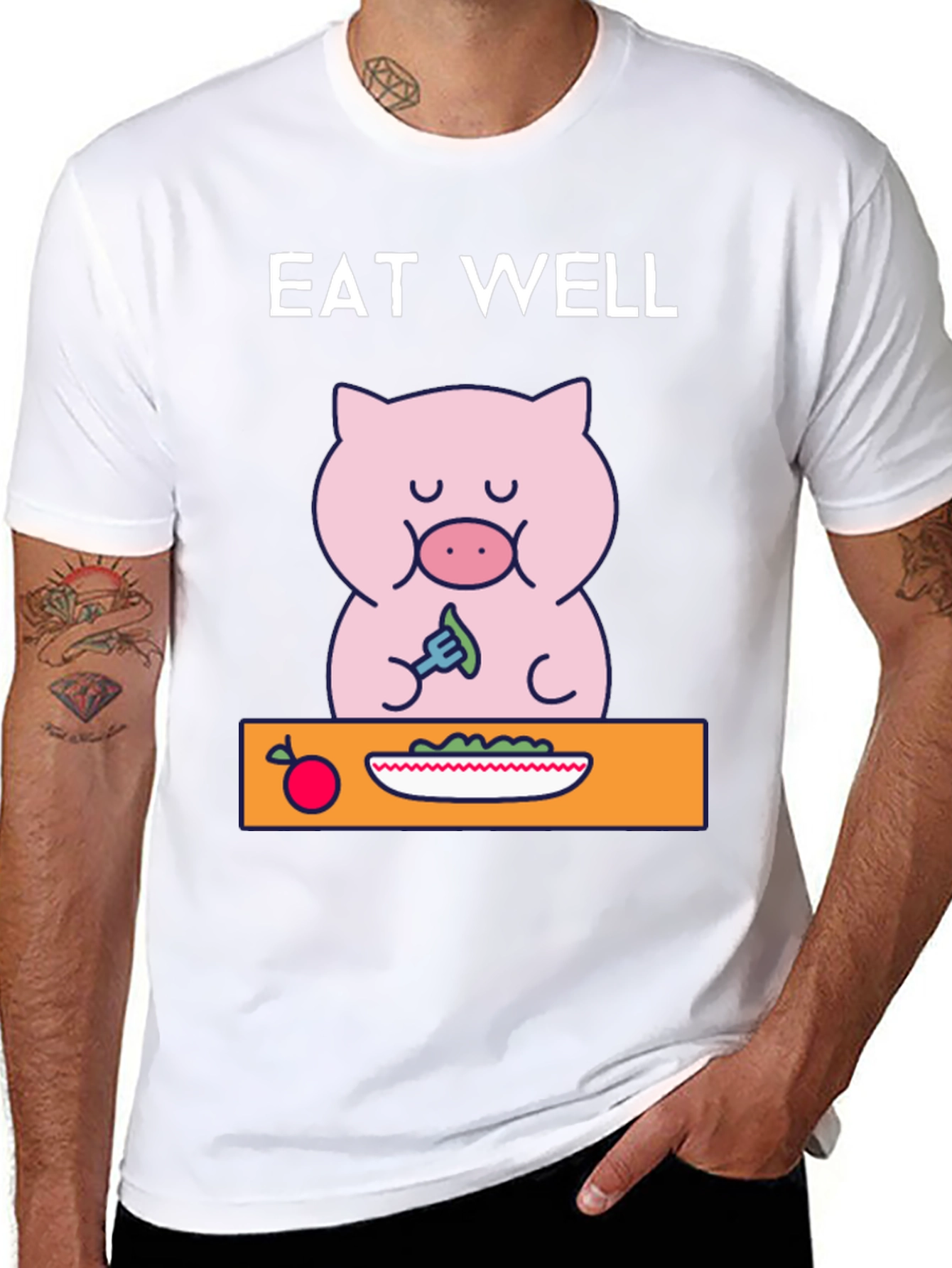 Black Eat Well Pig T-Shirt - Funny Cartoon Tee view 8