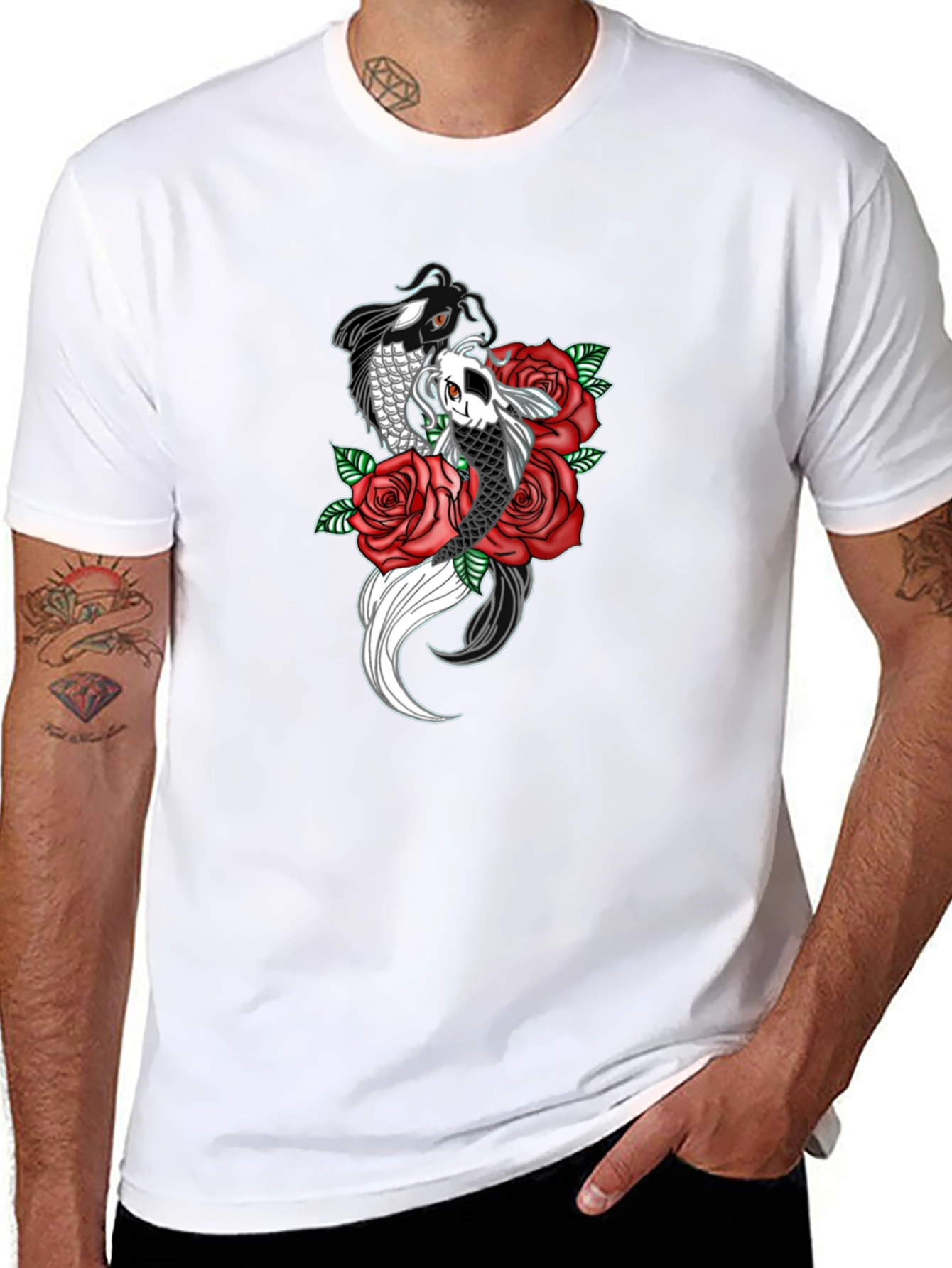 Black Koi Fish & Roses Graphic Print Black T-Shirt view 8