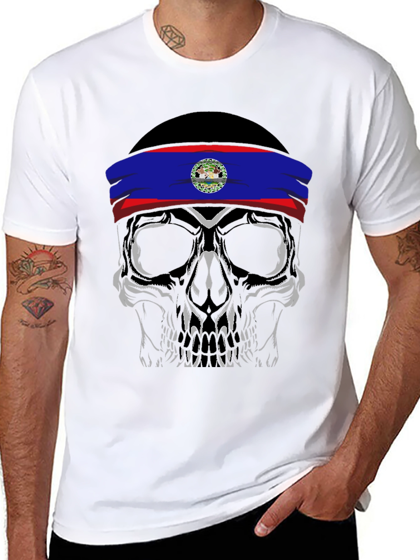 Black Skull with Belize Flag Headband T-Shirt view 8
