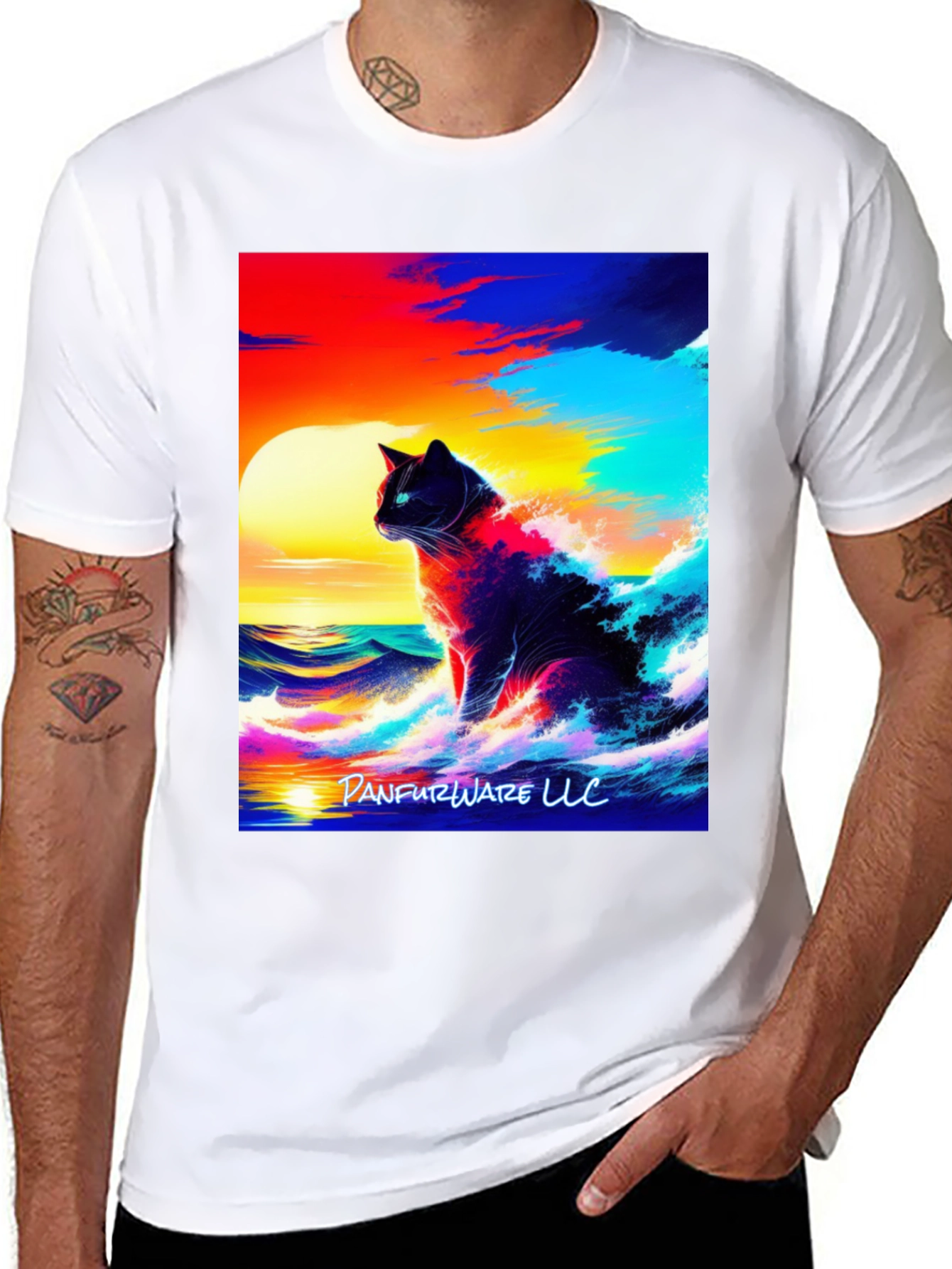 Black Cat Waves T-Shirt - Artistic Sunset Design view 8