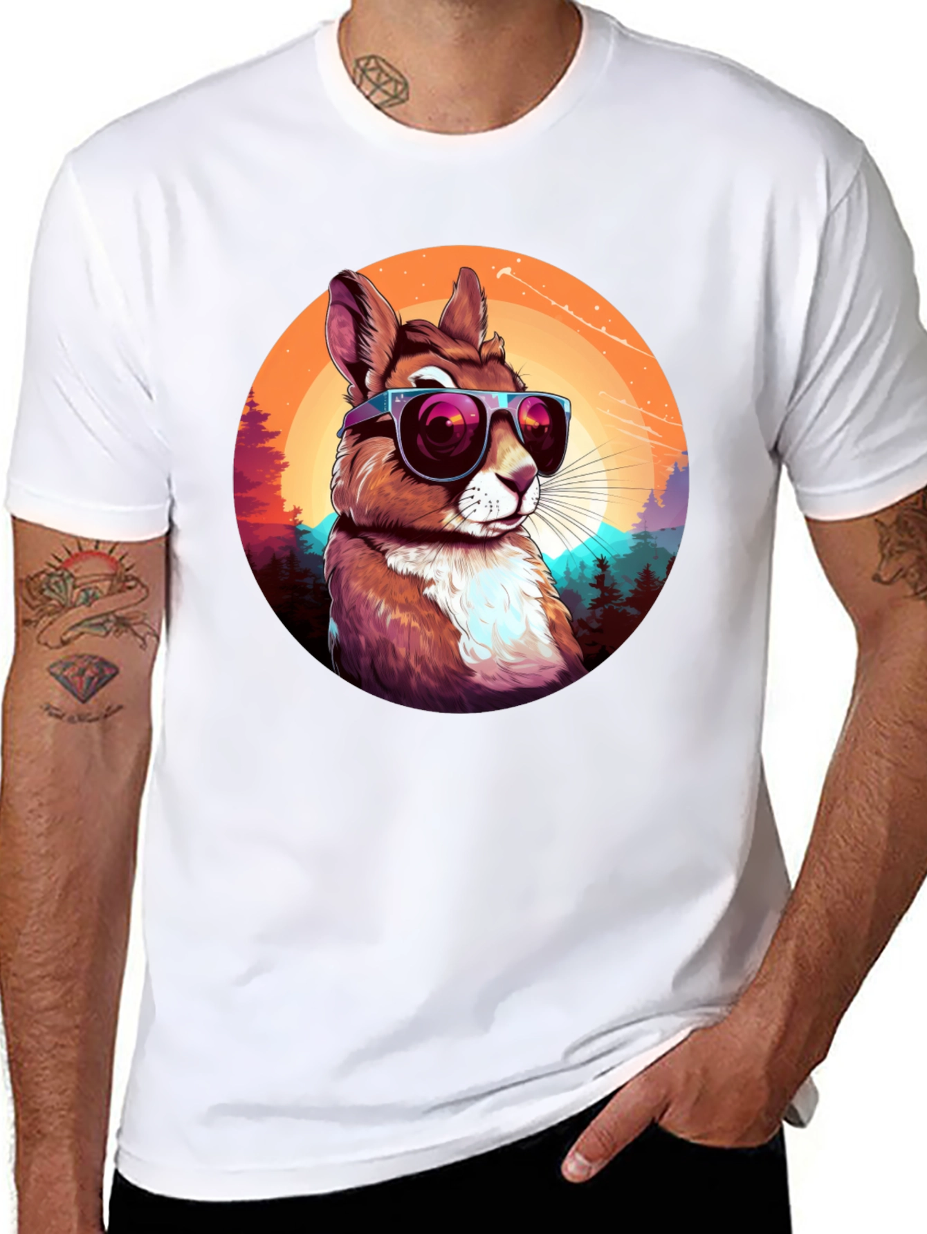 Black Cool Squirrel Graphic Tee - Retro Sunset Design view 8
