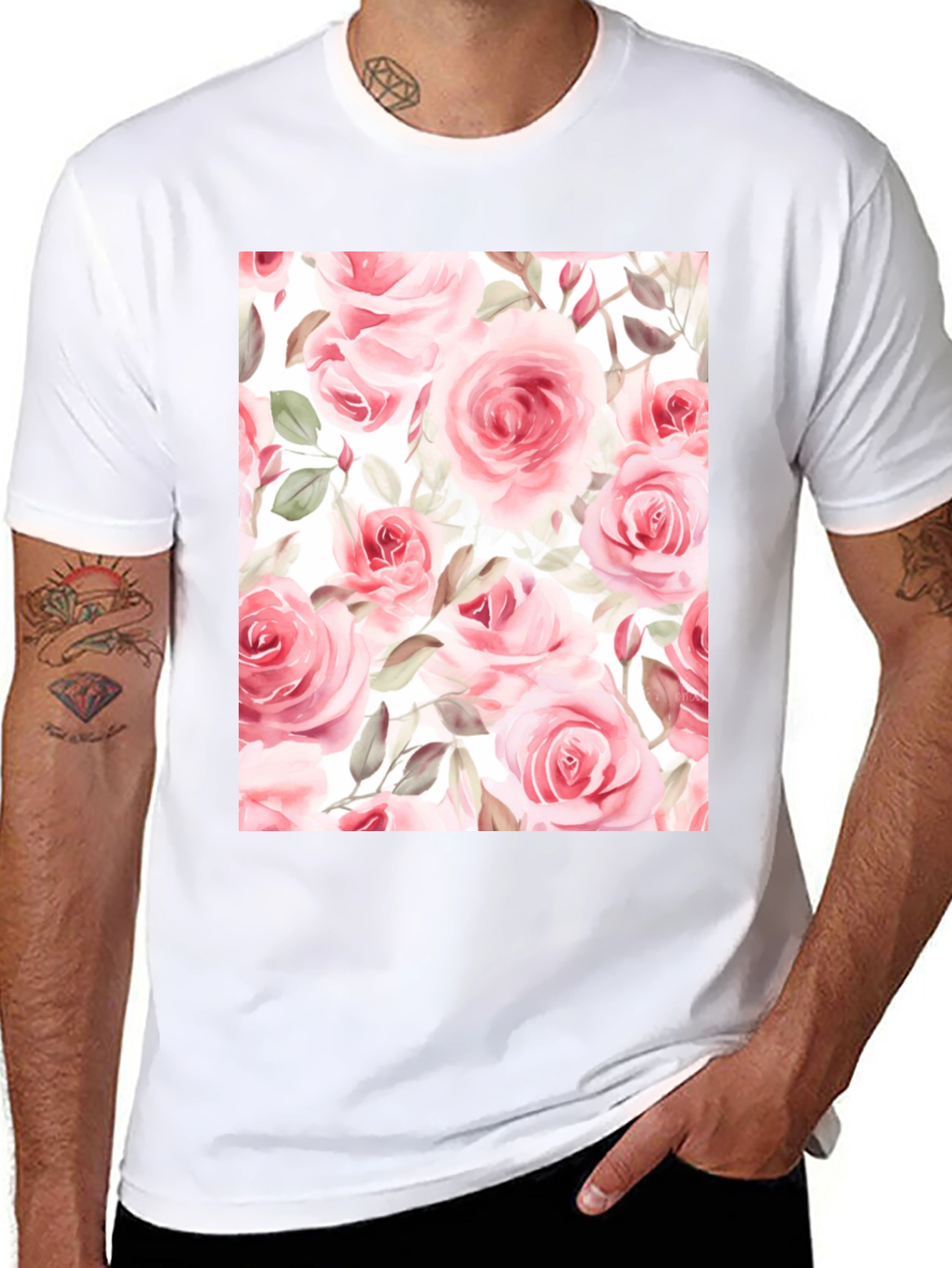 Black Floral Rose Print Black T-Shirt view 8