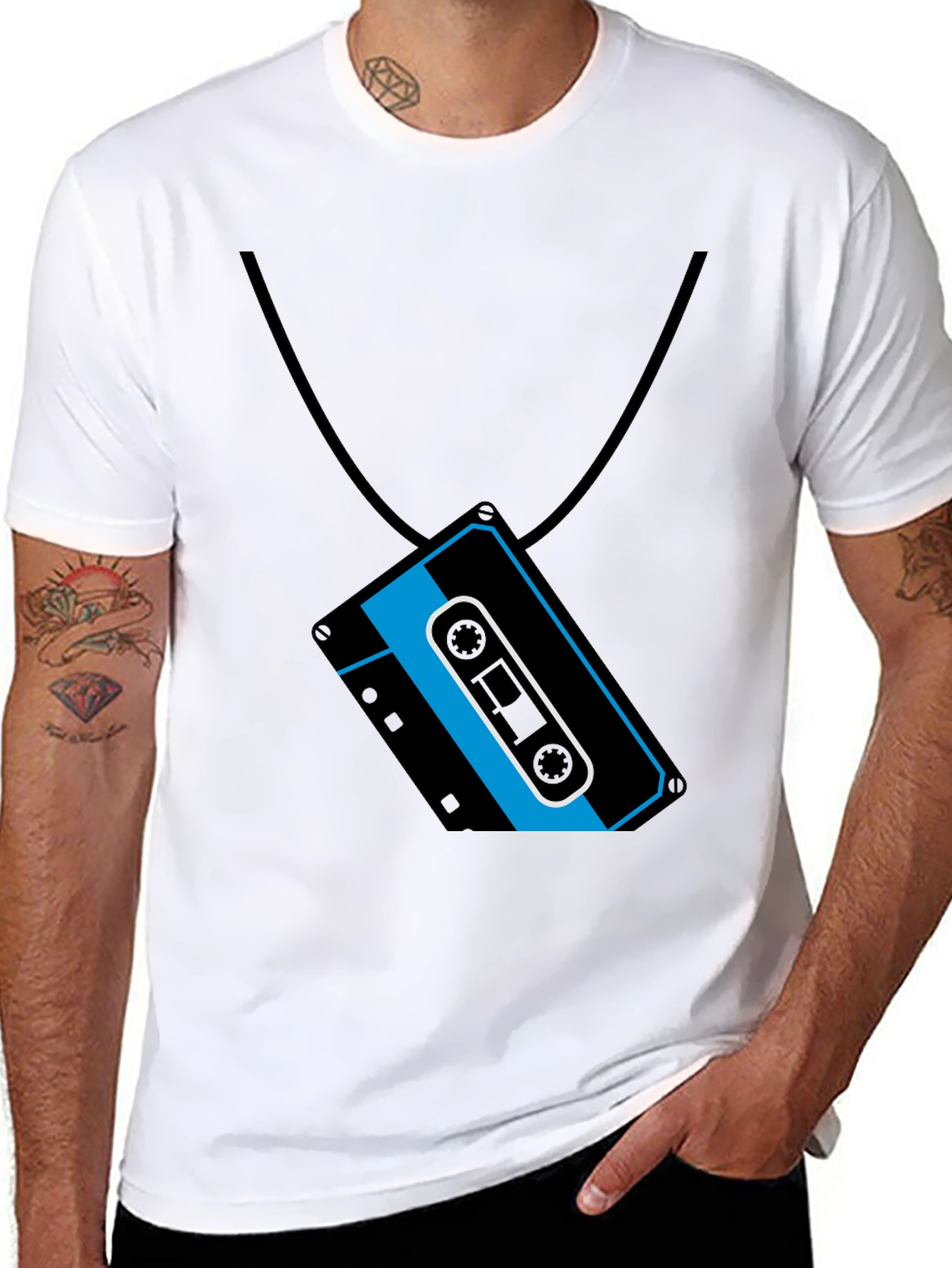 Black Retro Cassette Tape Necklace Graphic T-Shirt view 8