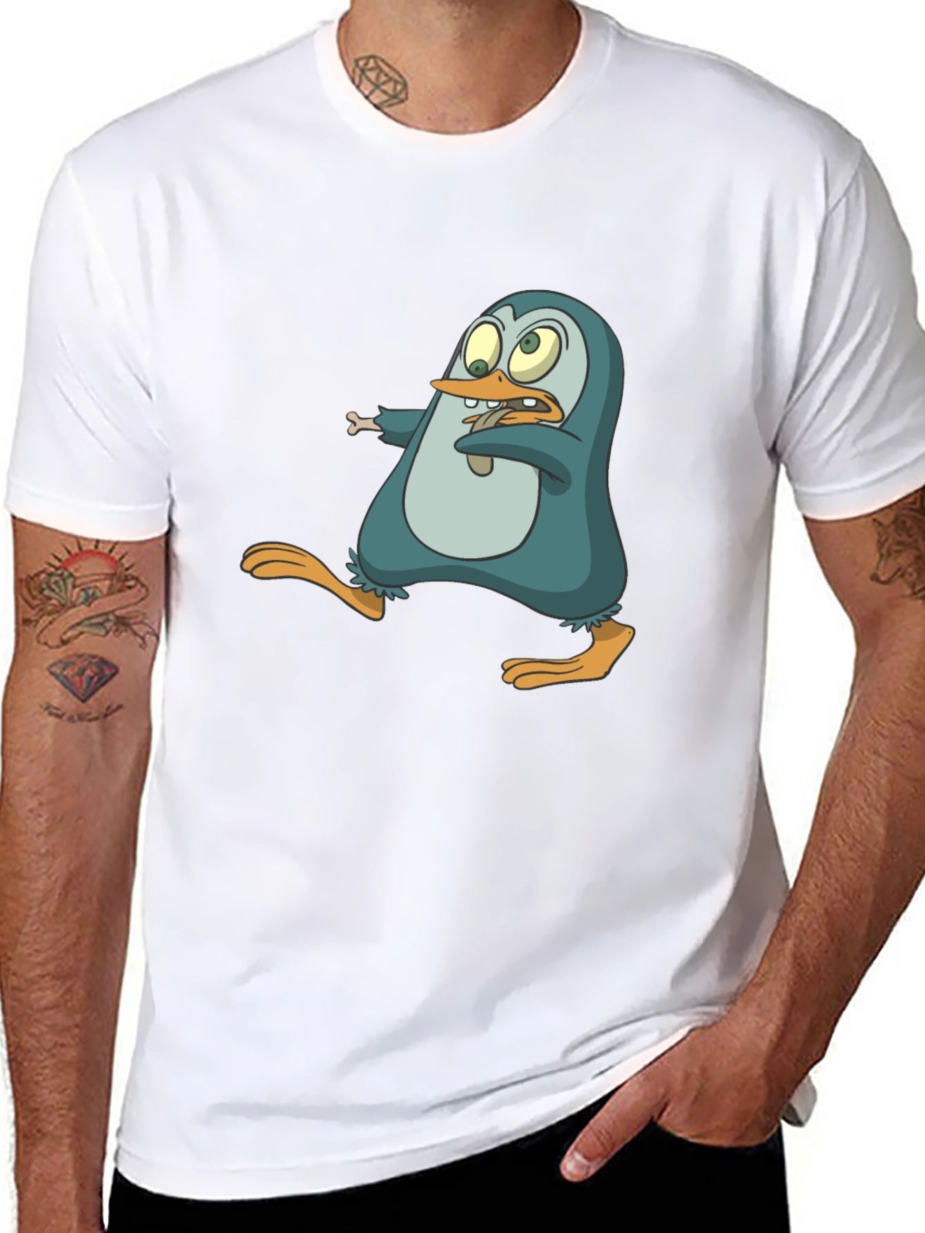 Black Cartoon Penguin Graphic Tee - Men's Black T-Shirt view 8
