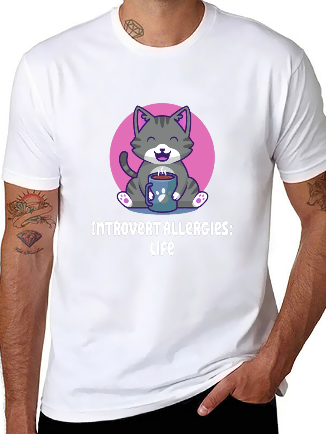 Black Introvert Allergies T-Shirt, Cute Cat Design view 8