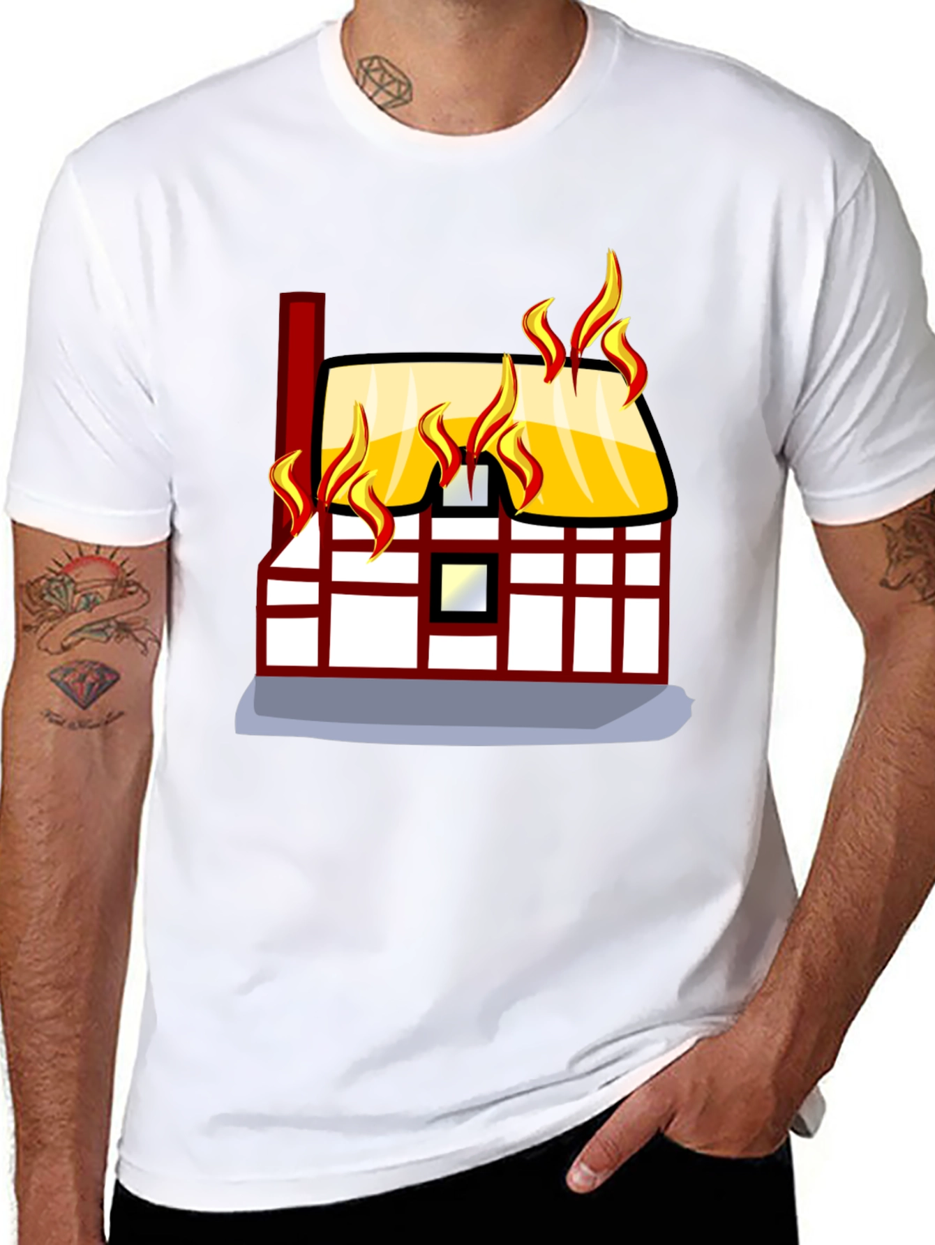 Black Burning House Graphic Tee - Black Cotton T-Shirt view 8