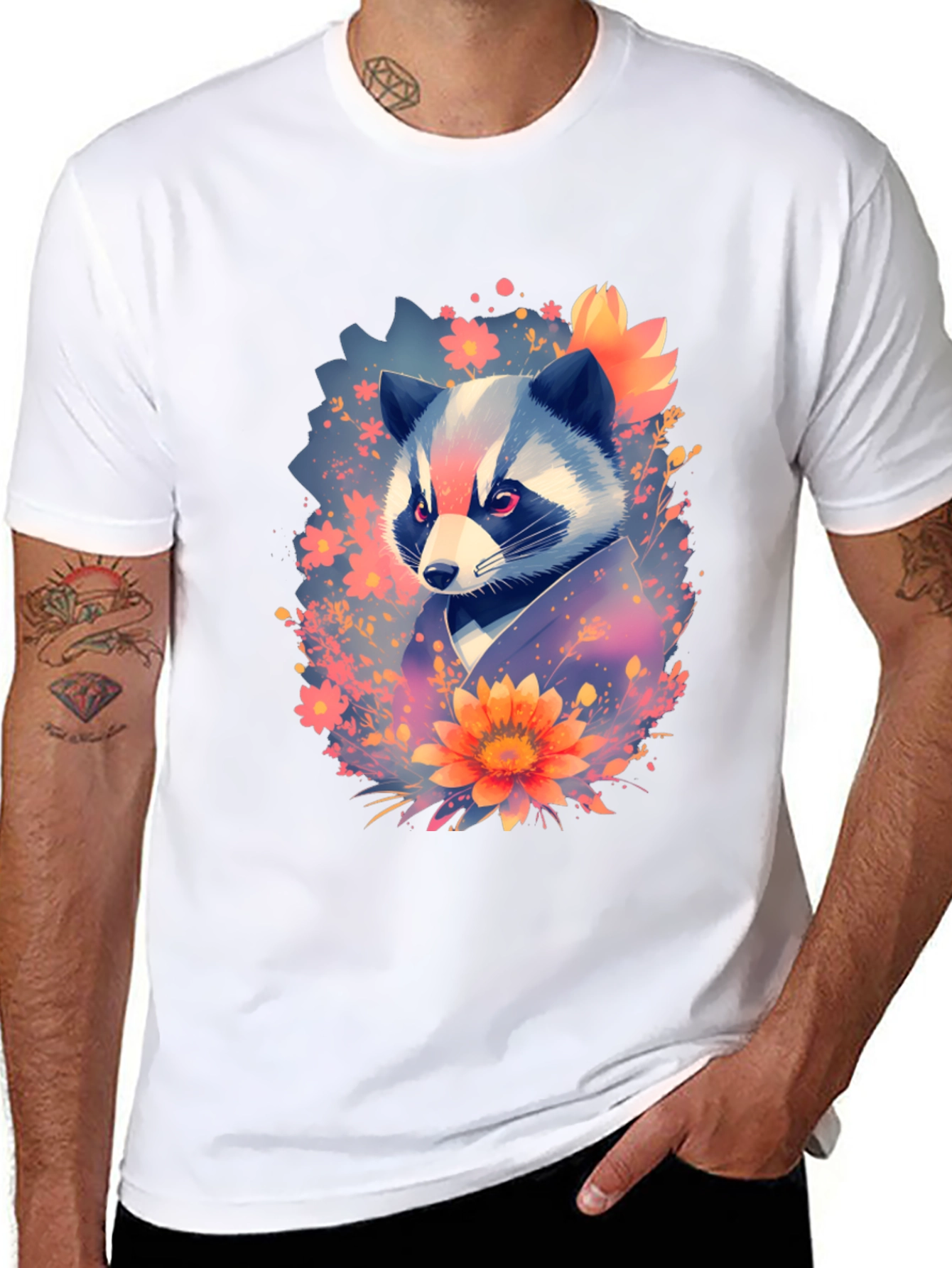 Black Floral Raccoon Graphic Black T-Shirt view 8