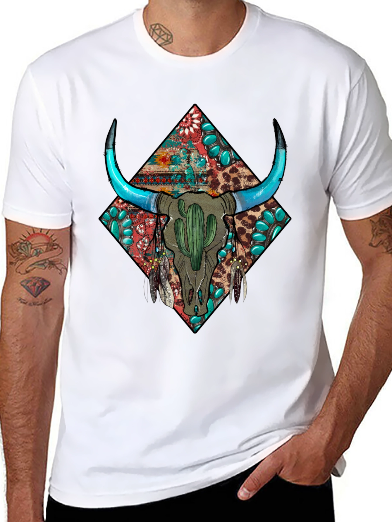 Black Boho Bull Skull Graphic Tee - Western Style view 8