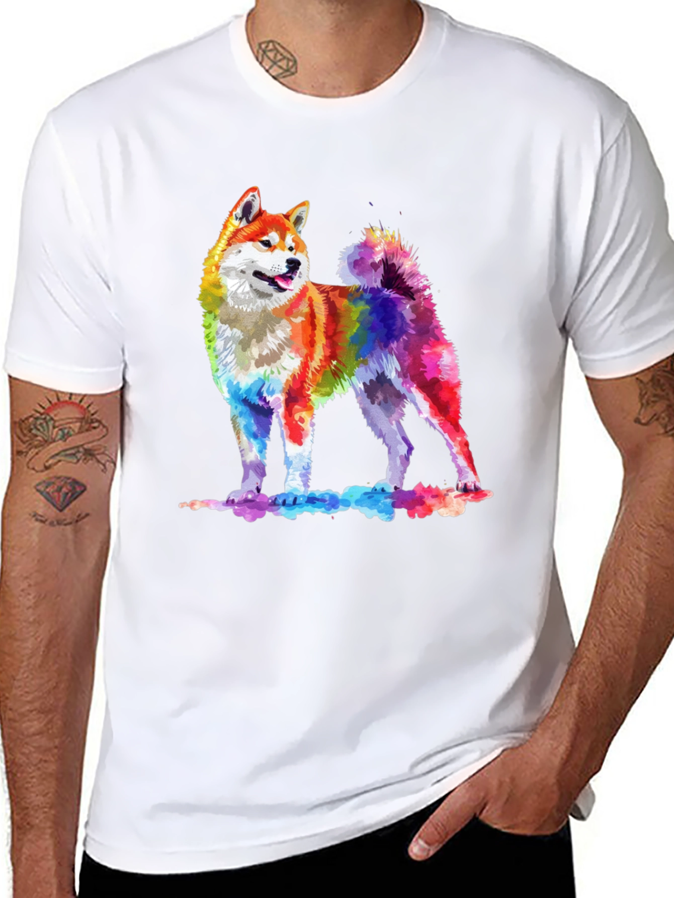 Rainbow Akita Dog Graphic Tee - Stylish Men's Black T-Shirt - 8