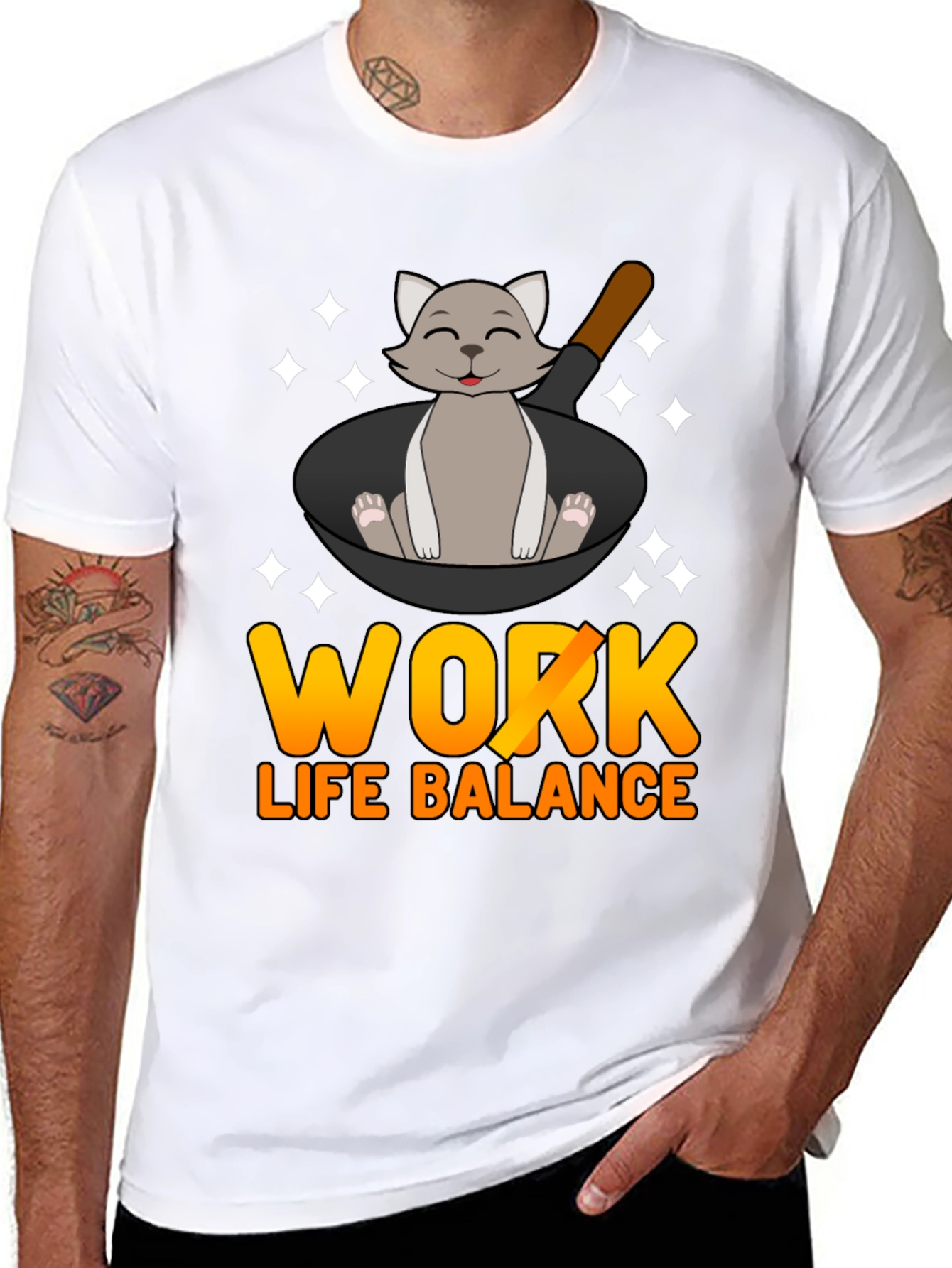Black Work Life Balance Cat Pan T-Shirt view 8