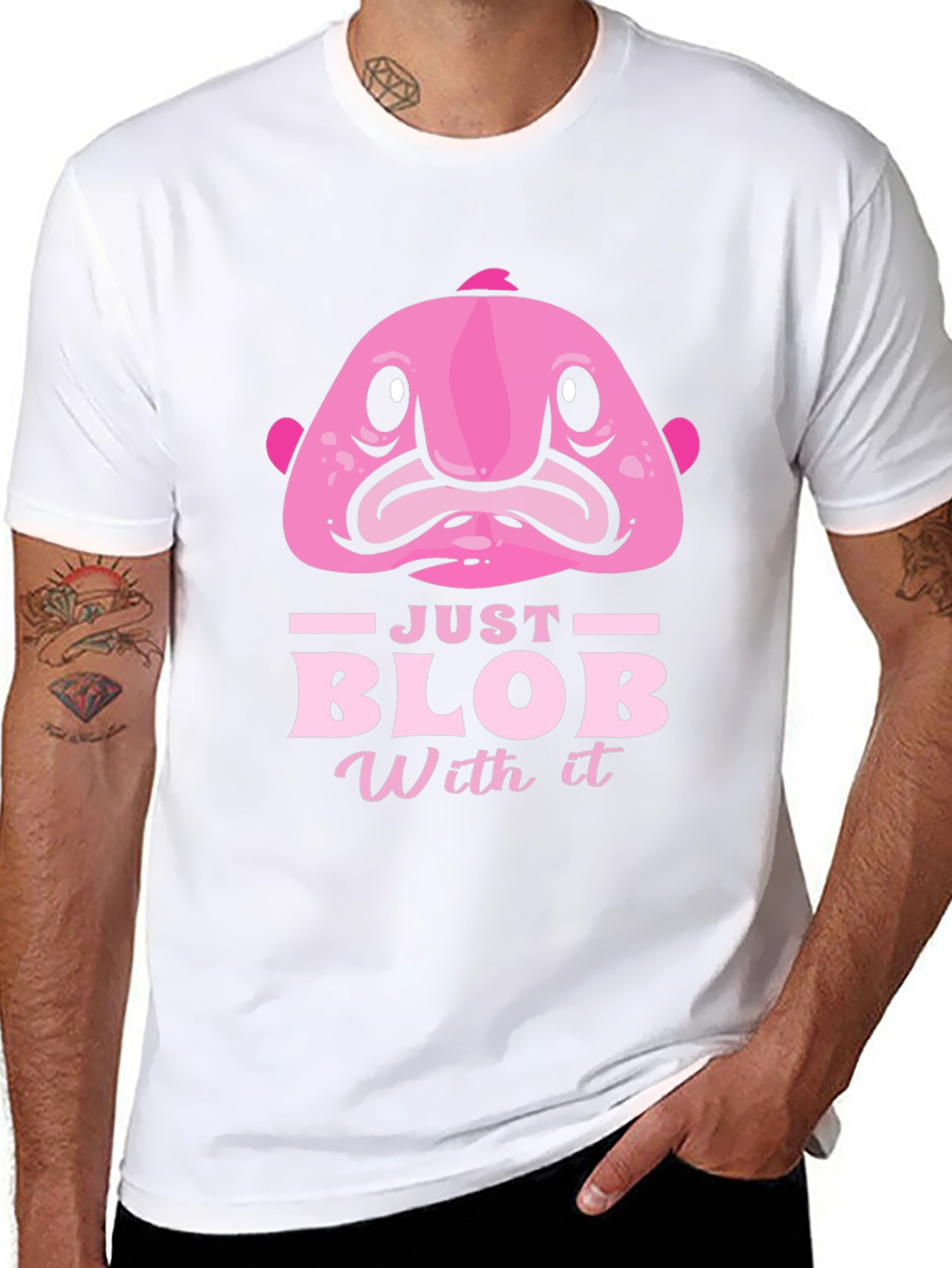Black Just Blob With It Funny Pink Fish T-Shirt view 8