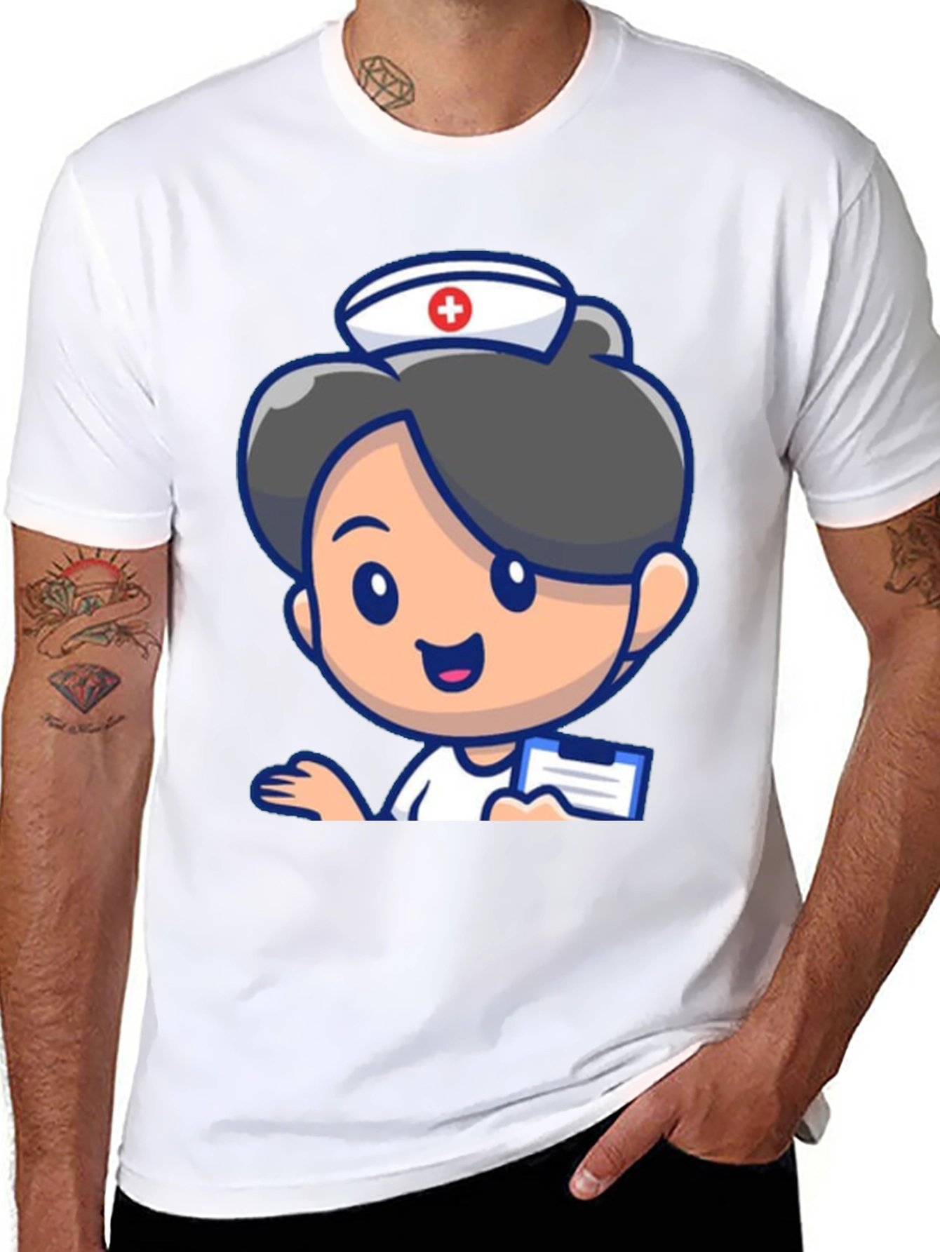 Black Cartoon Nurse Graphic Tee - Novelty Black T-Shirt view 8
