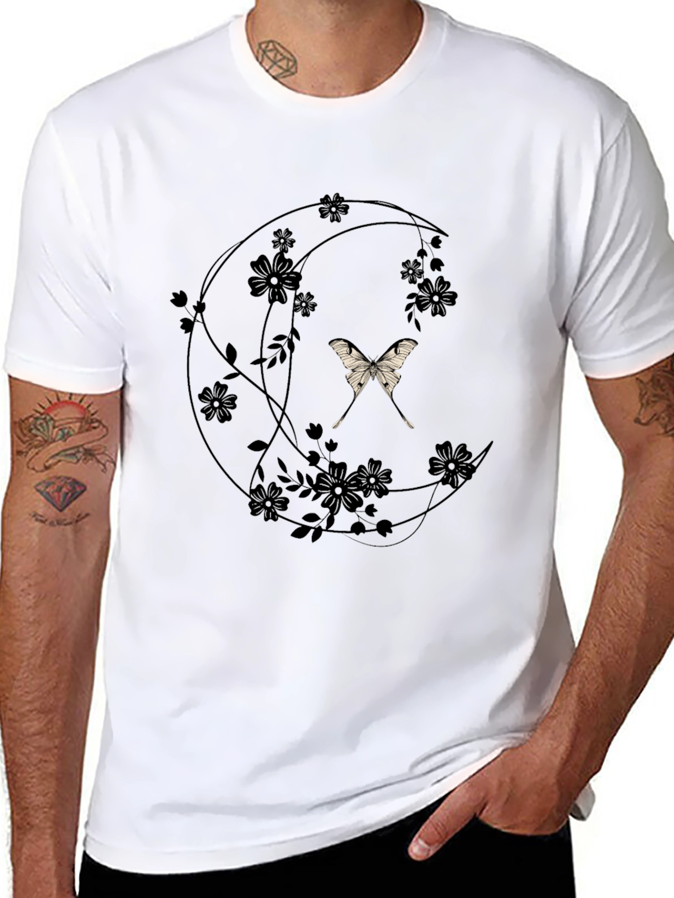 Black Moon Moth Floral T-Shirt - Elegant Dark Tee view 8