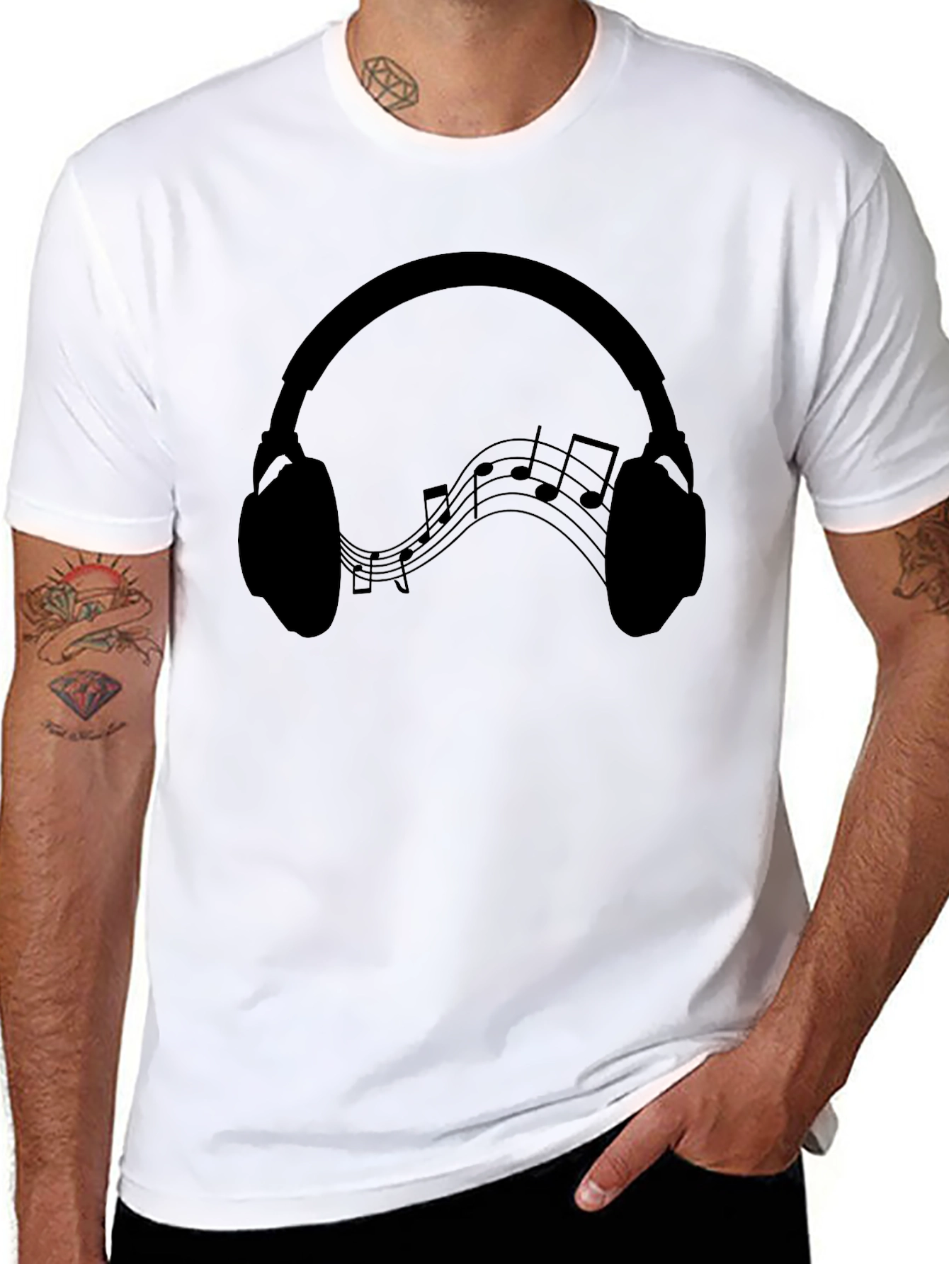 Black Headphones Music Notes Graphic Tee - Black Cotton Blend view 8