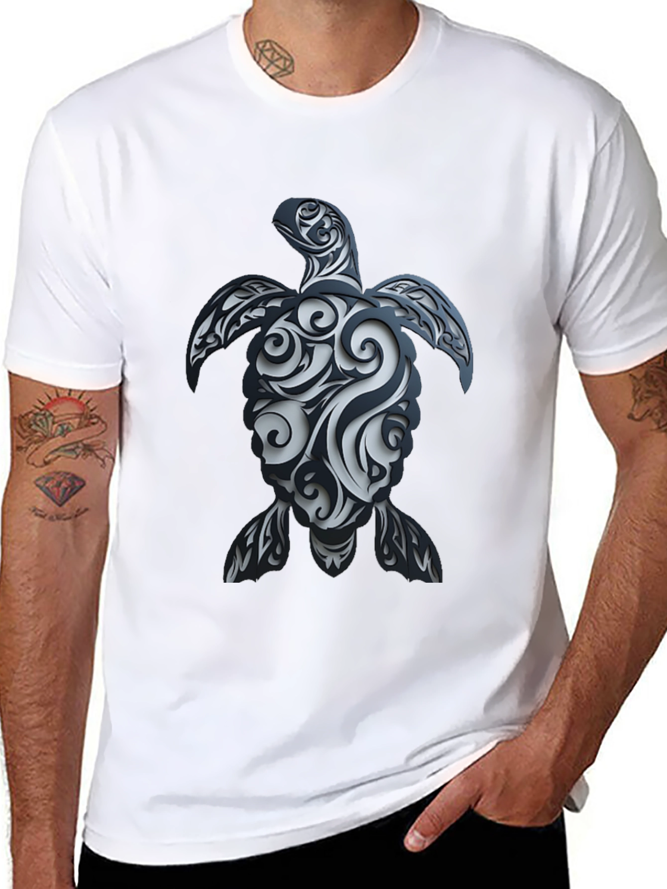 Black Tribal Turtle Graphic T-Shirt - Black view 8