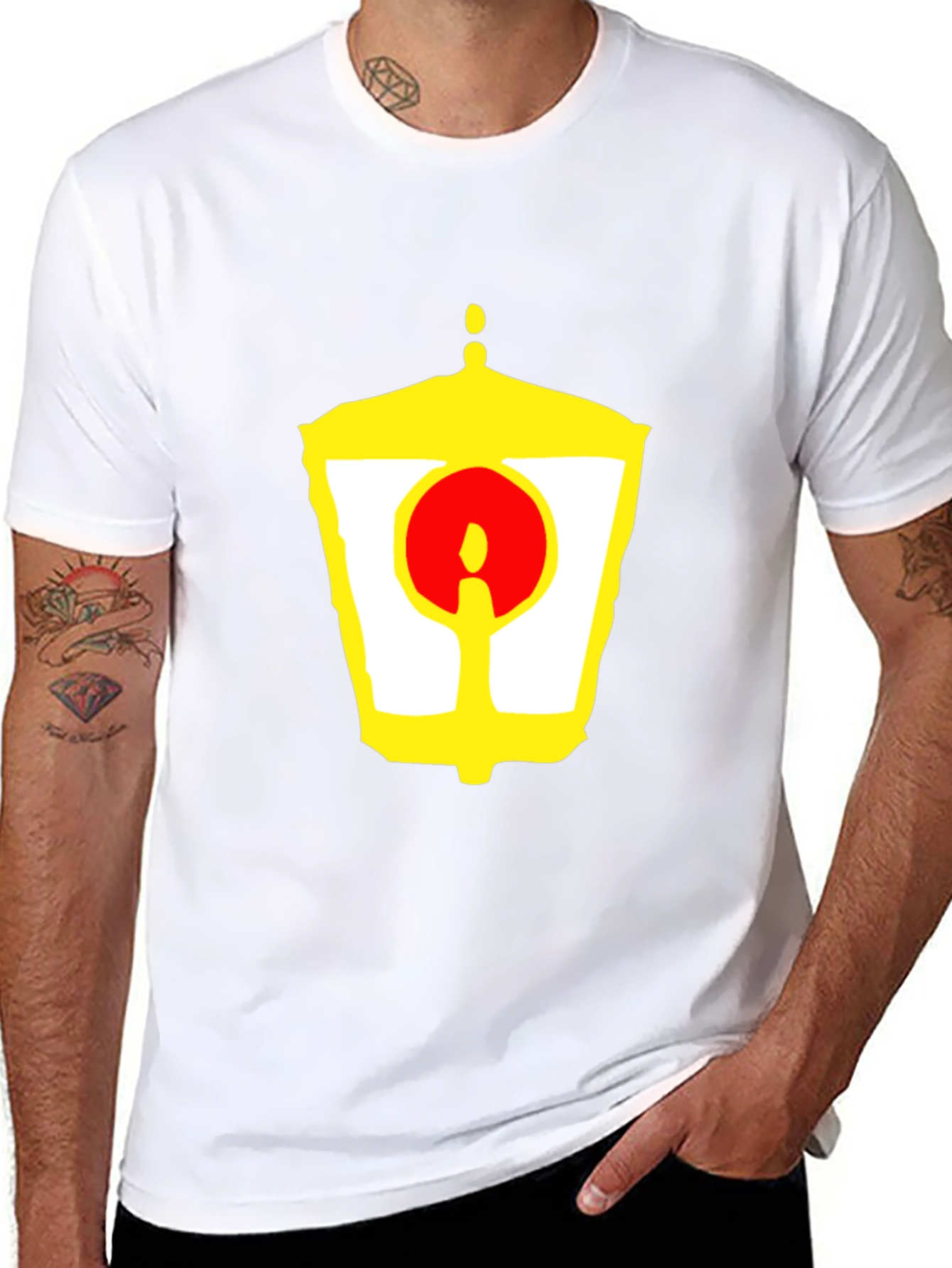 Black Unique Graphic Tee - Yellow Lantern and Red Circle Design view 8
