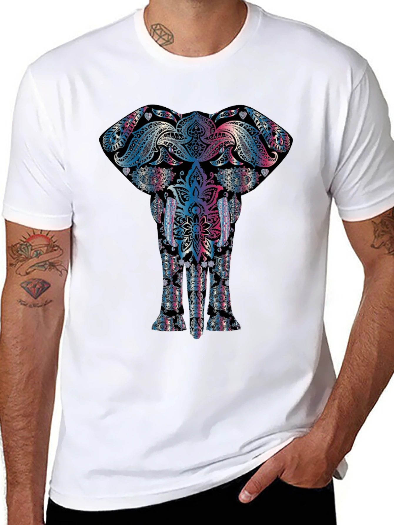 Black Elephant Mandala Graphic Tee - Black Cotton T-Shirt view 8