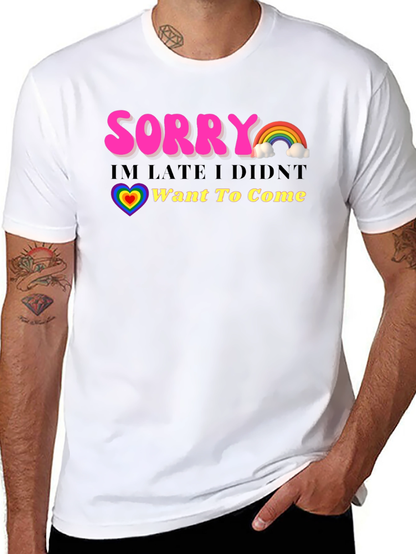 Black Funny Sorry I'm Late Rainbow Graphic T-Shirt view 8