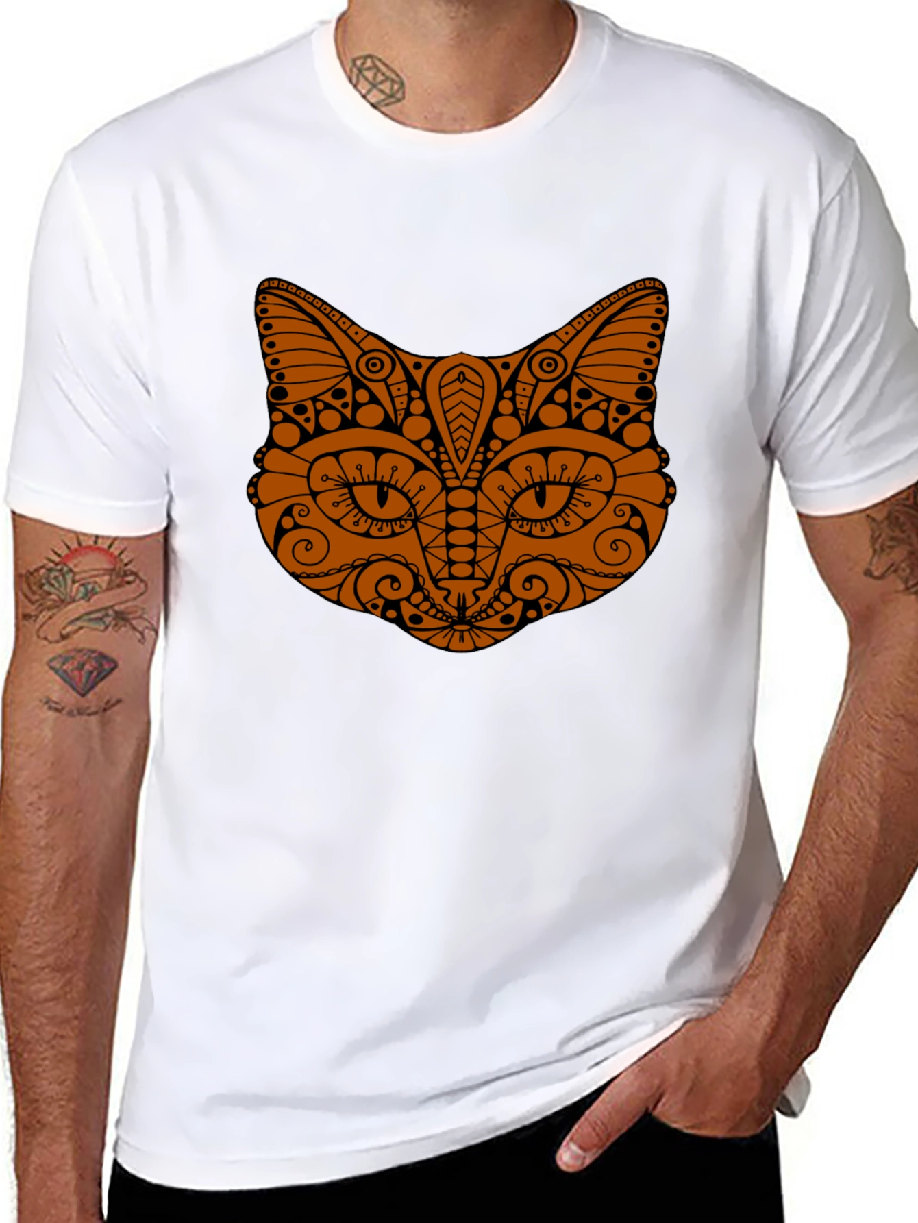 Black Tribal Cat Graphic Tee - Stylish Black T-Shirt view 8